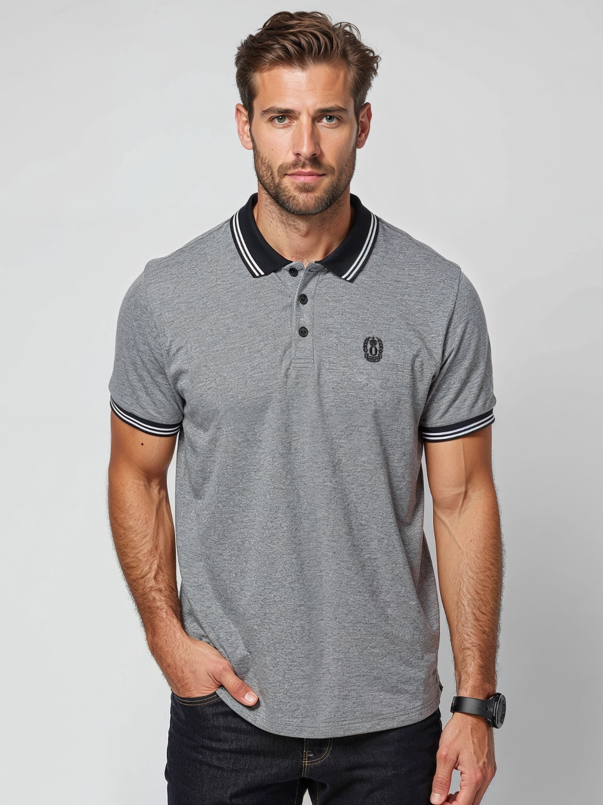 Ombre Men's melange polo shirt with striped collar - black