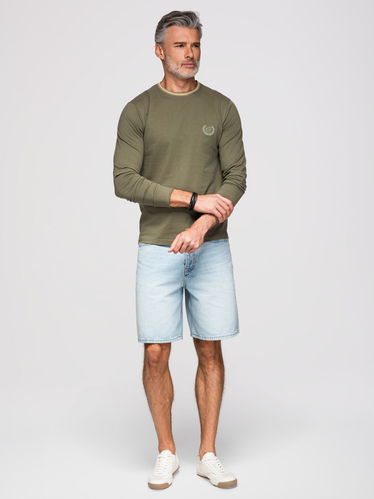 Ombre Men's cotton longsleeve with U neckline with stripes and embroidery - olive