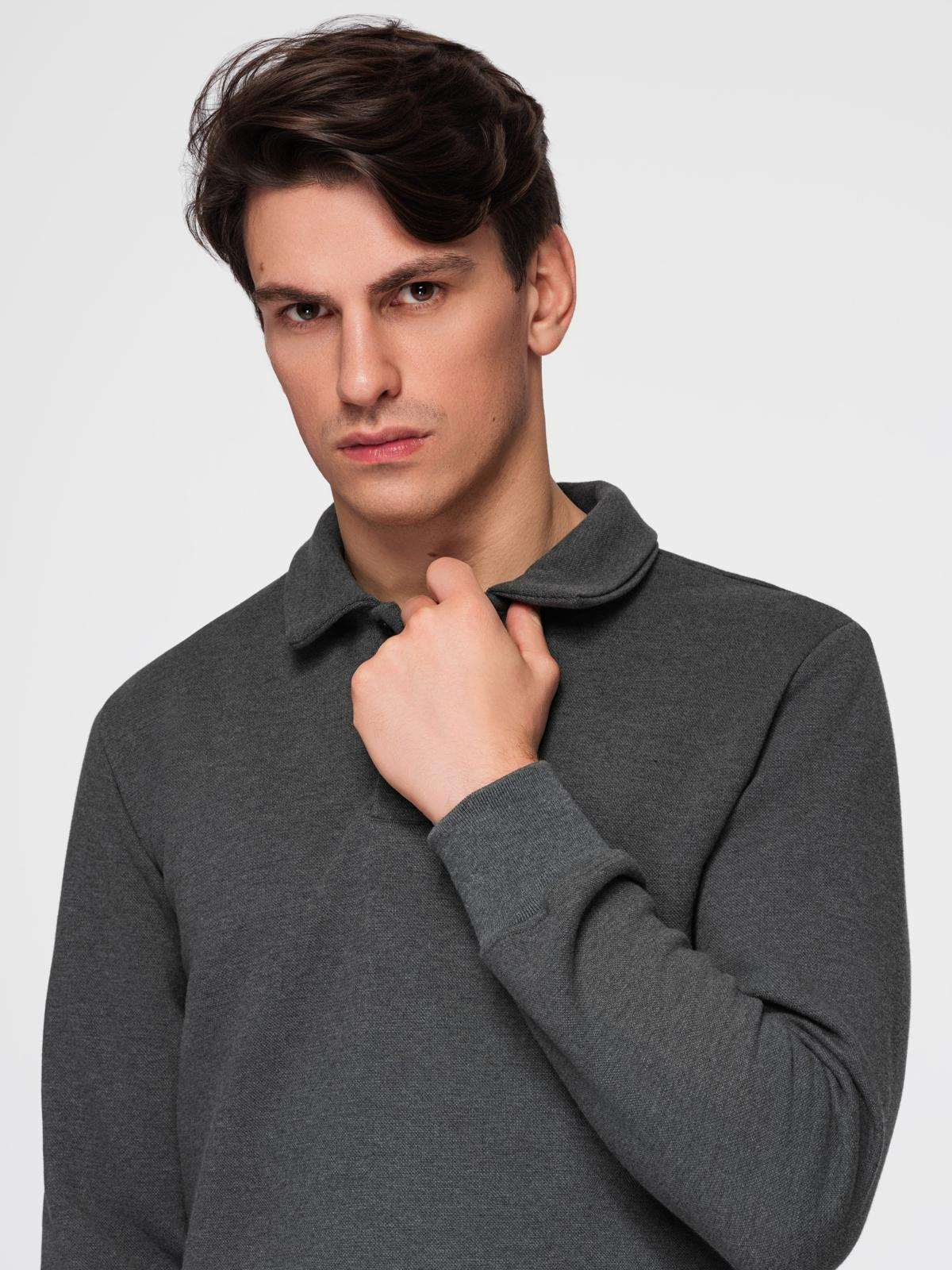Ombre Men&#039;s structured knit polo collar sweatshirt - graphite melange