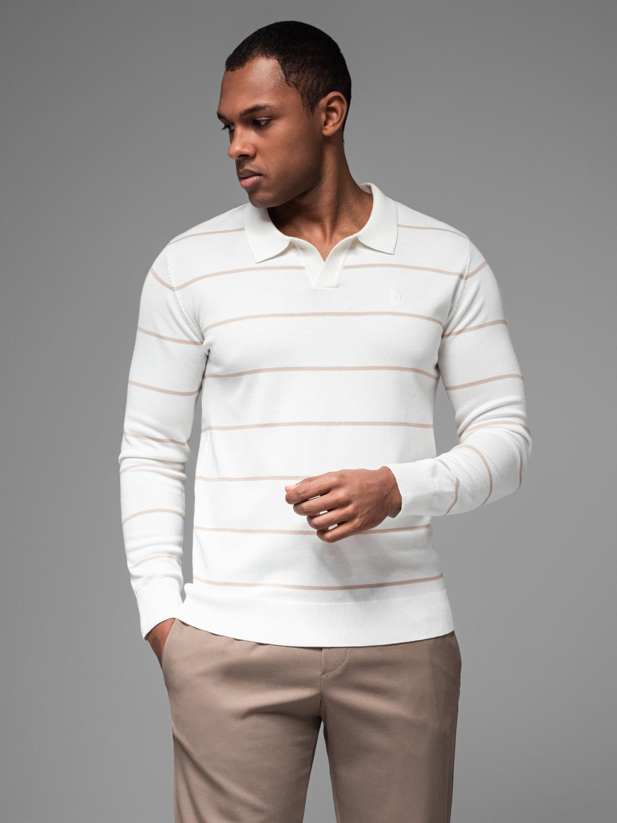 Ombre Mens horizontal striped polo longsleeve with viscose - white and beige