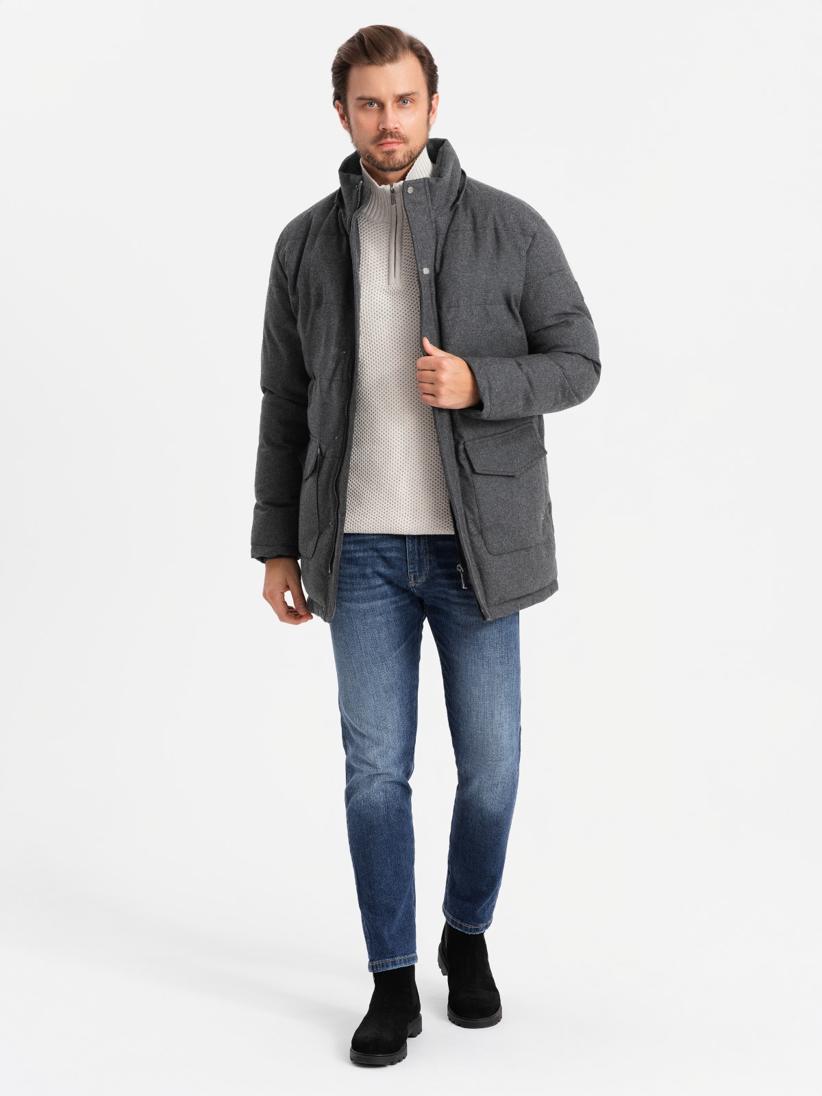 Ombre Men&#039;s long warm parka jacket with wool - black melange