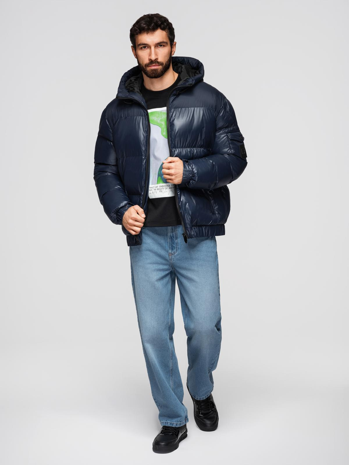 Ombre Warm men's puffer jacket with welts - navy blue