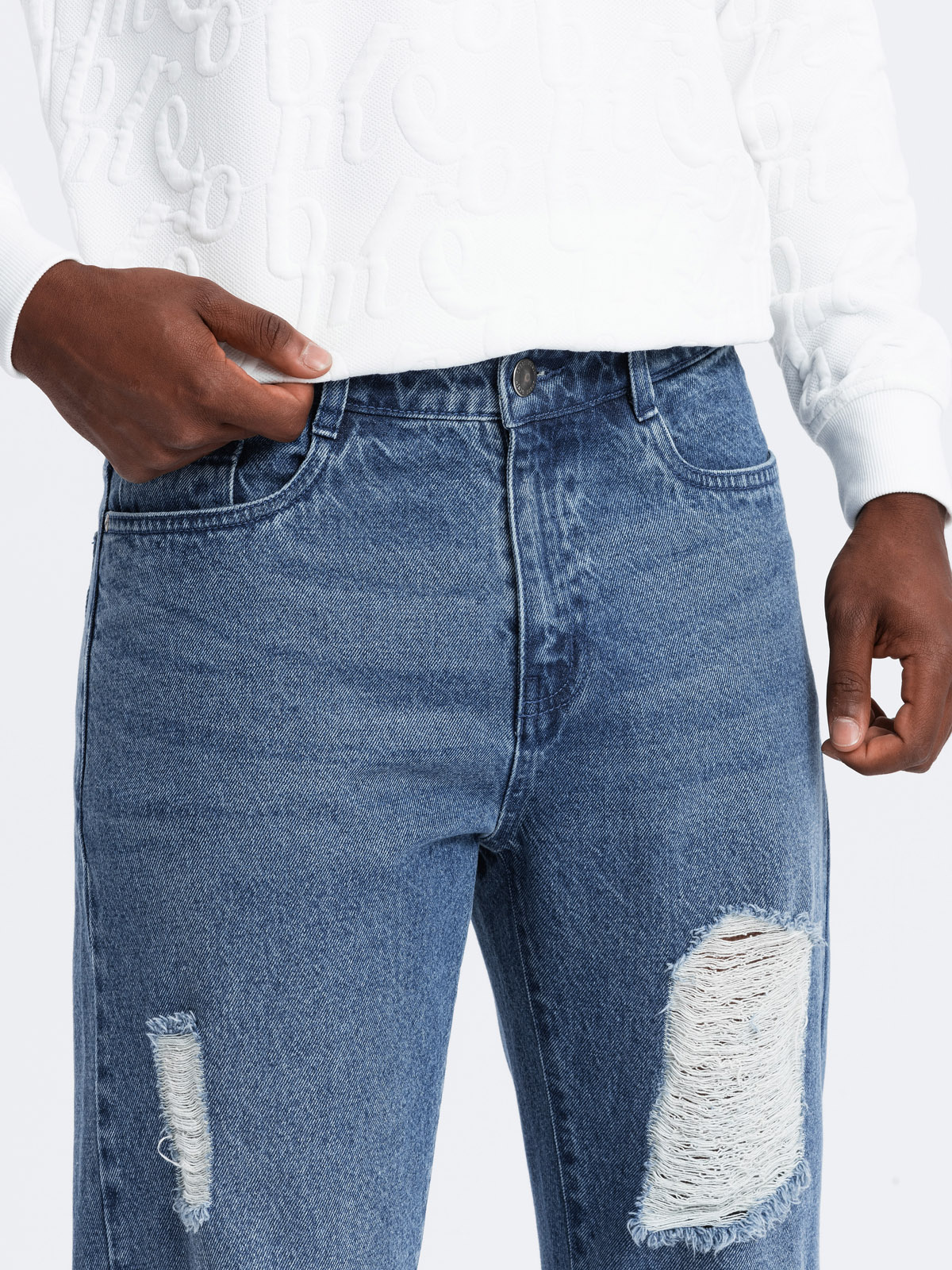 Ombre Men&#039;s TAPERED FIT denim pants with holes - dark blue