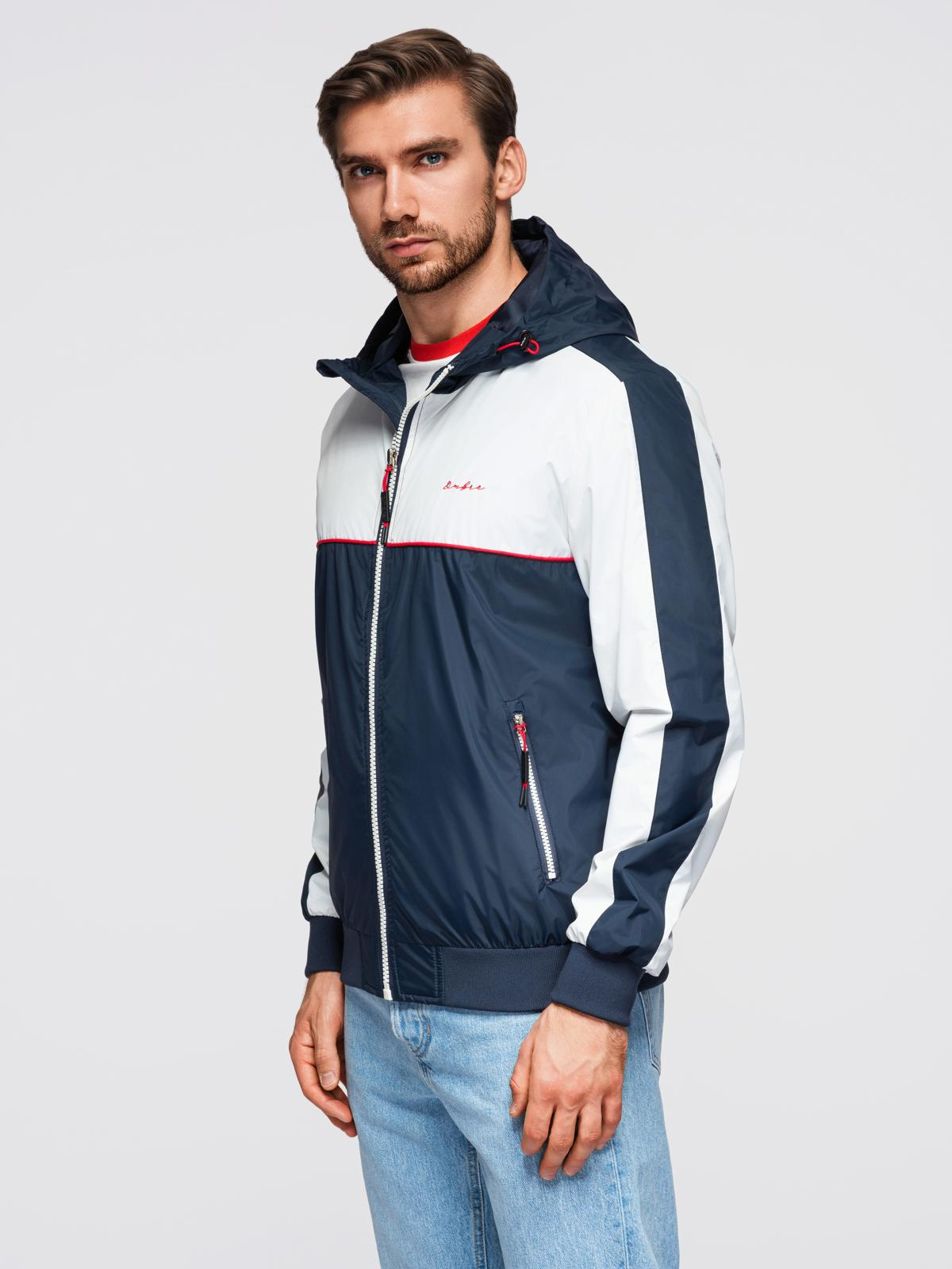 Ombre Men&#039;s contrast windbreaker jacket with hood - navy blue and white