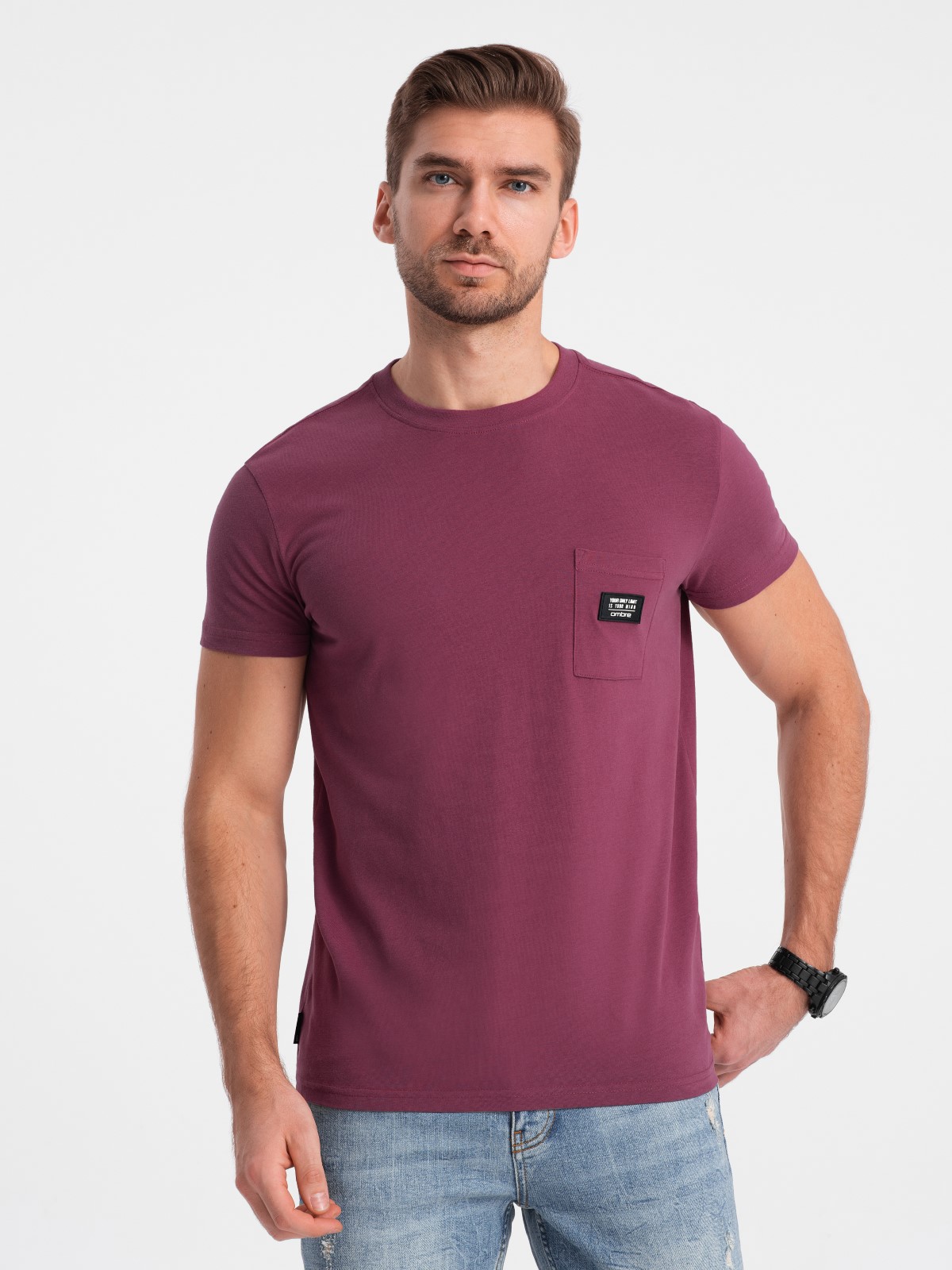 Levně Ombre Men's casual t-shirt with patch pocket - dark pink