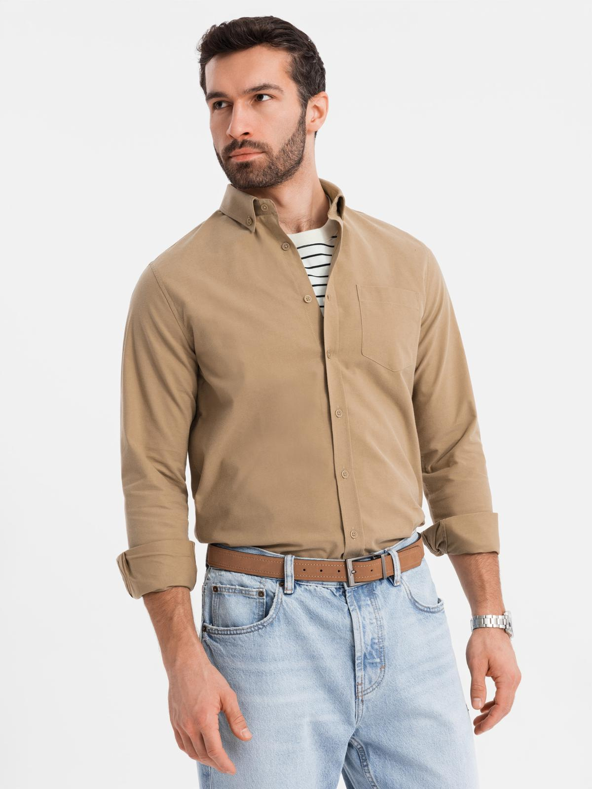 Ombre Men's REGULAR FIT cotton shirt with pocket - light brown