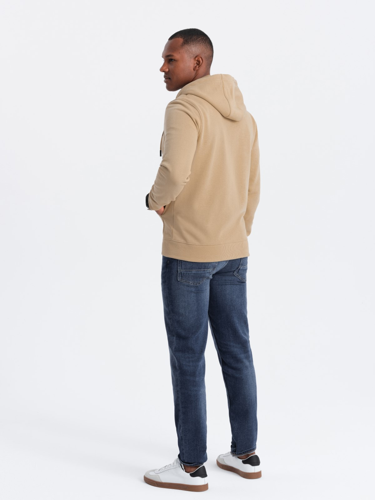 Ombre Men&#039;s unbuttoned sweatshirt with hood and patch - sand