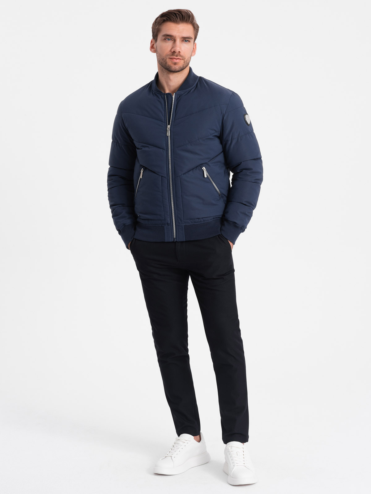 Ombre Men&#039;s quilted bomber jacket with metal zippers - navy blue