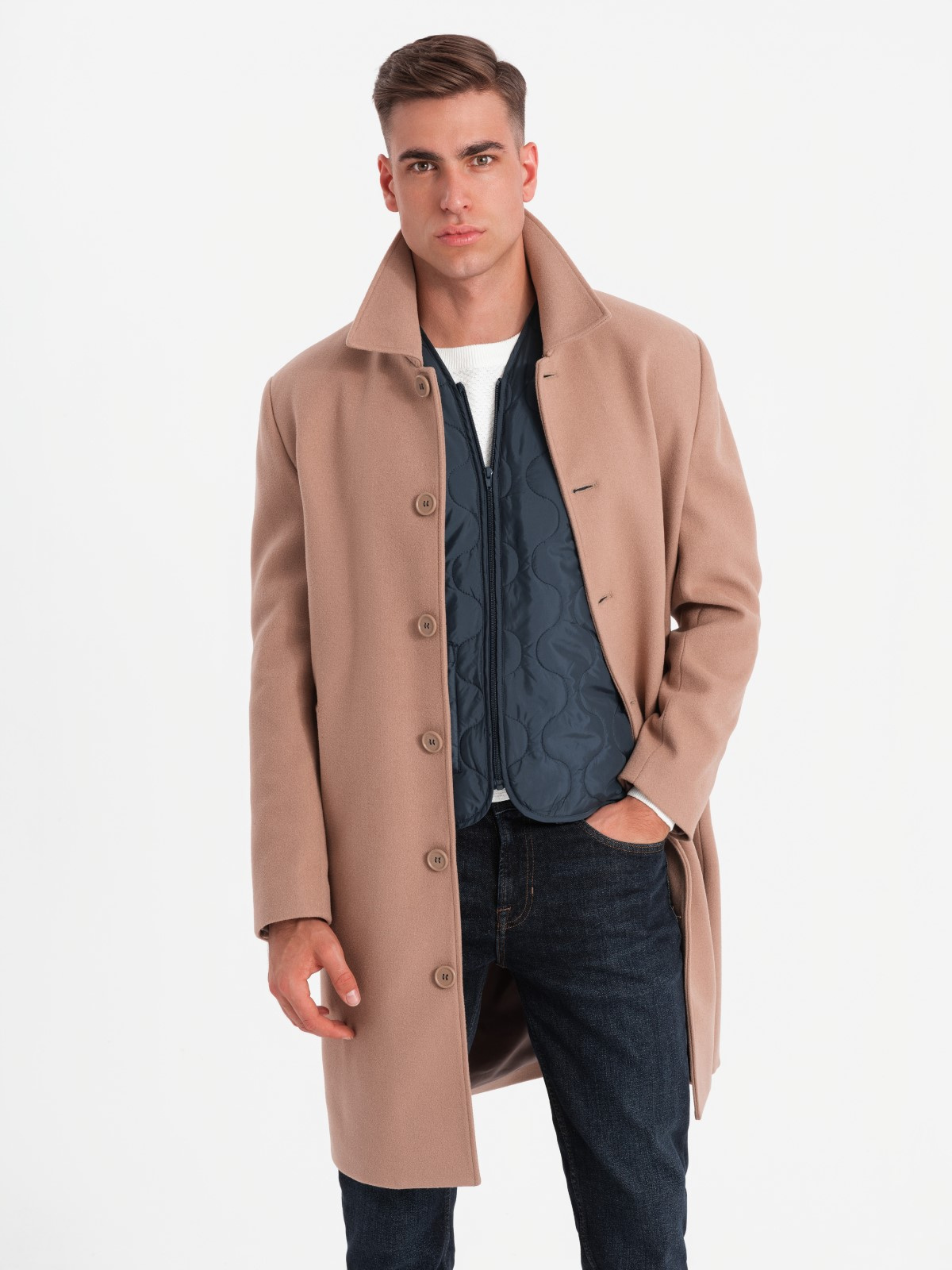Ombre Single-breasted men&#039;s long coat with collar and bolster - brown
