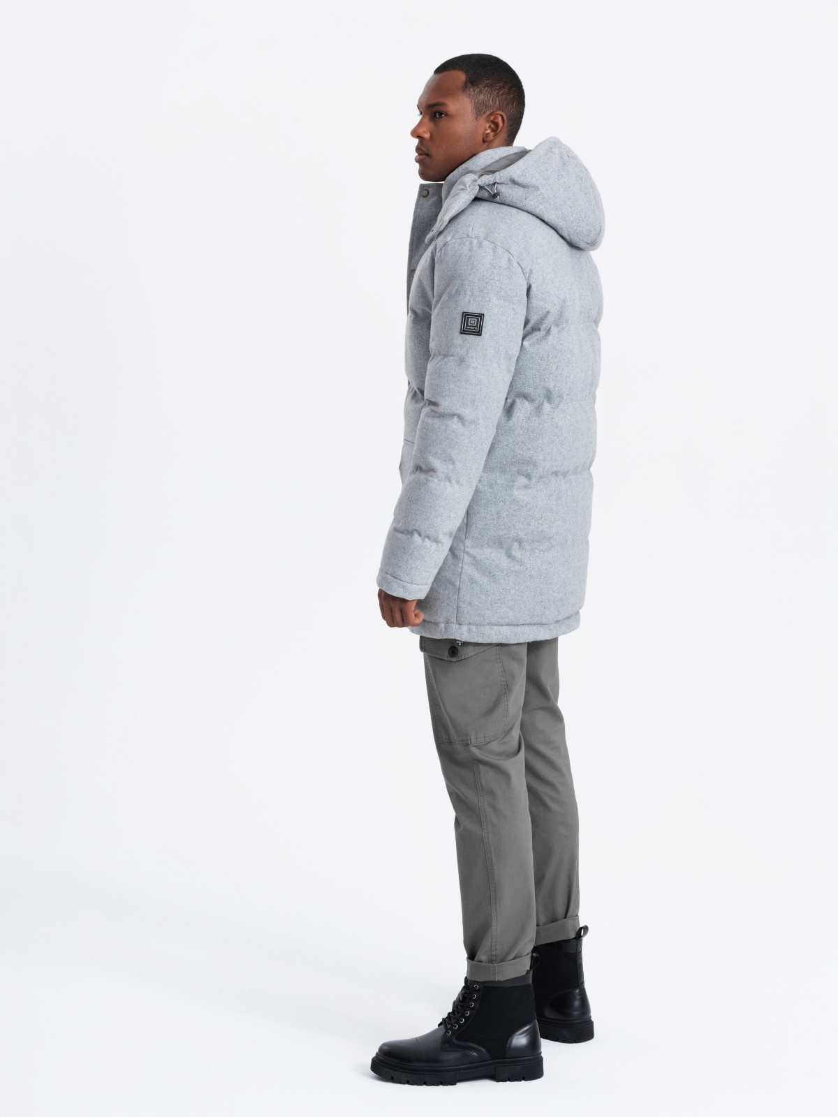 Ombre Warm men&#039;s long parka jacket with wool - light grey melange