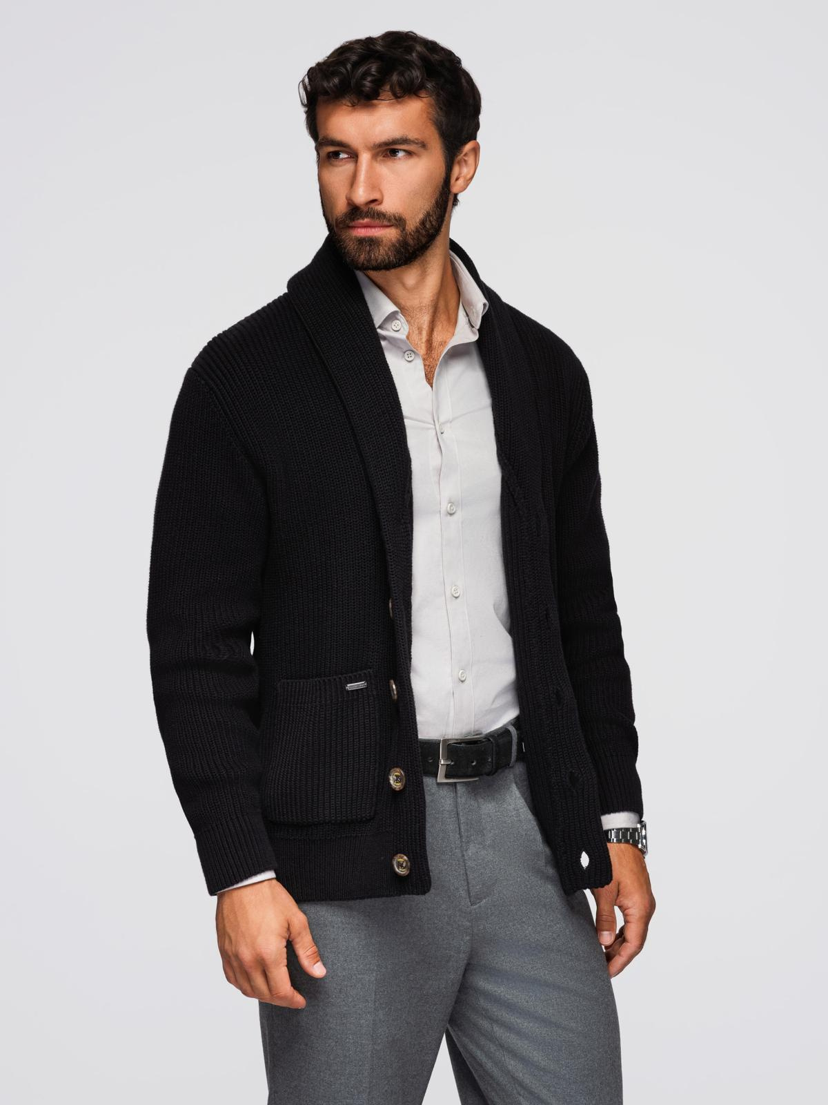 Ombre Men's cotton cardigan sweater with shawl collar - black