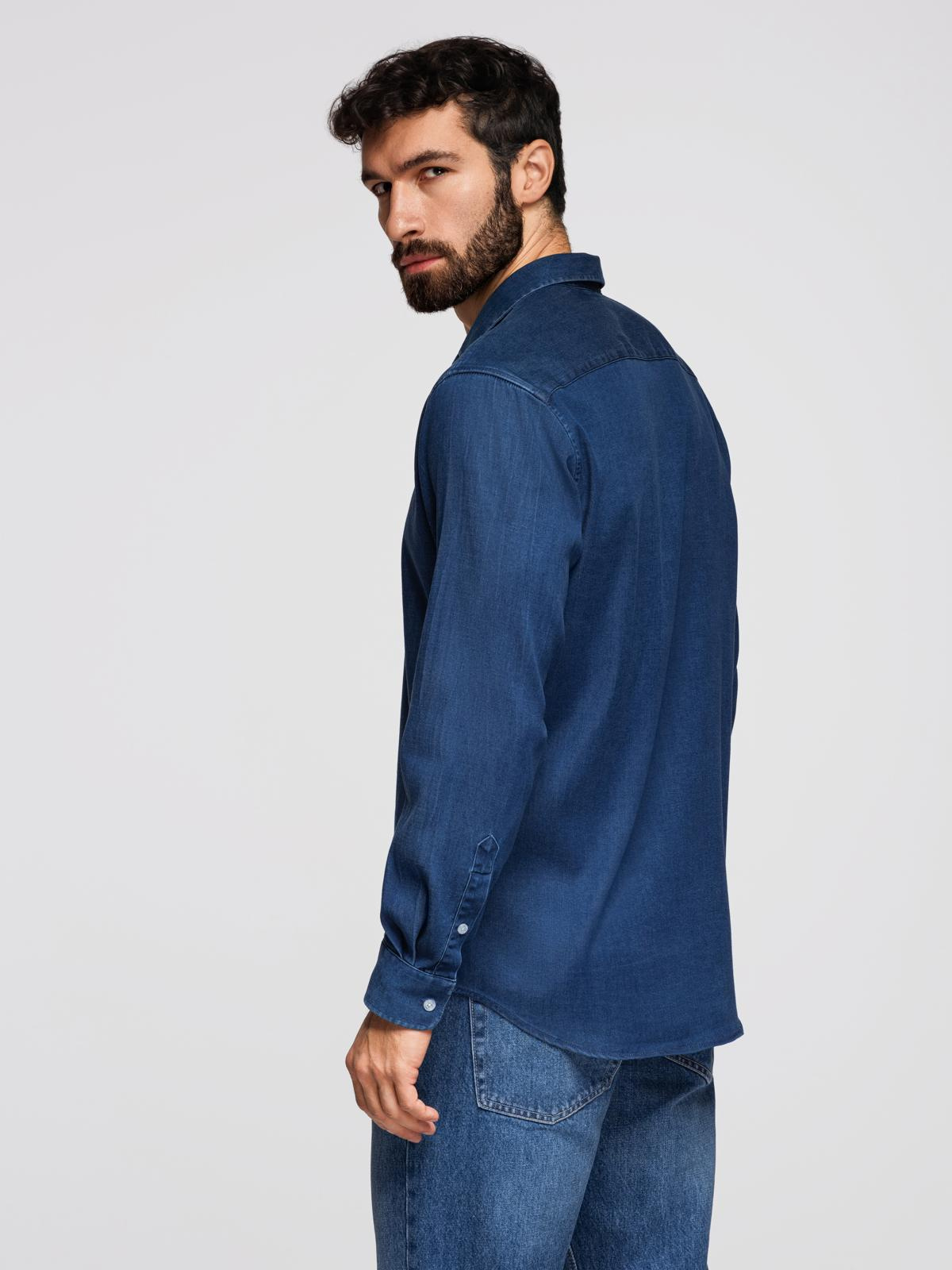 Ombre Men's denim shirt with lyocell and embroidery on chest - dark blue