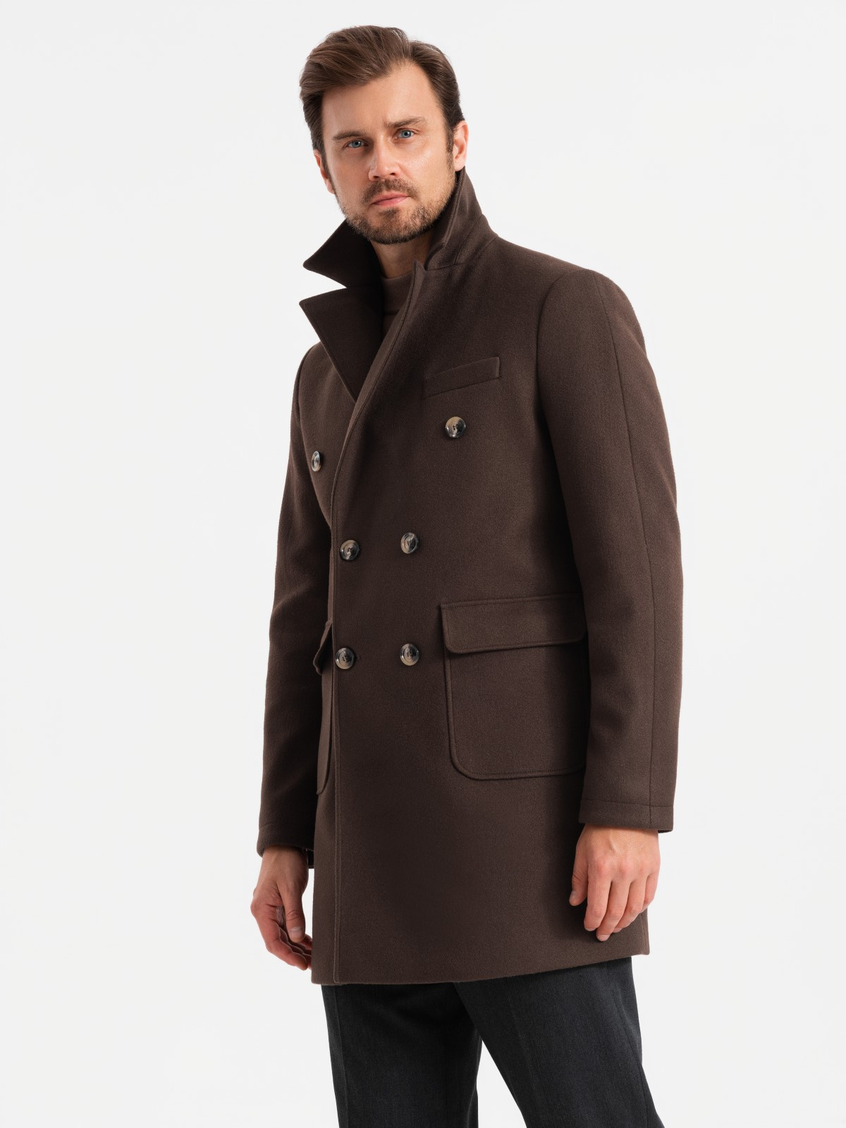 Ombre Men's Double-breasted Coat With Decorative Buttons - Dark Brown