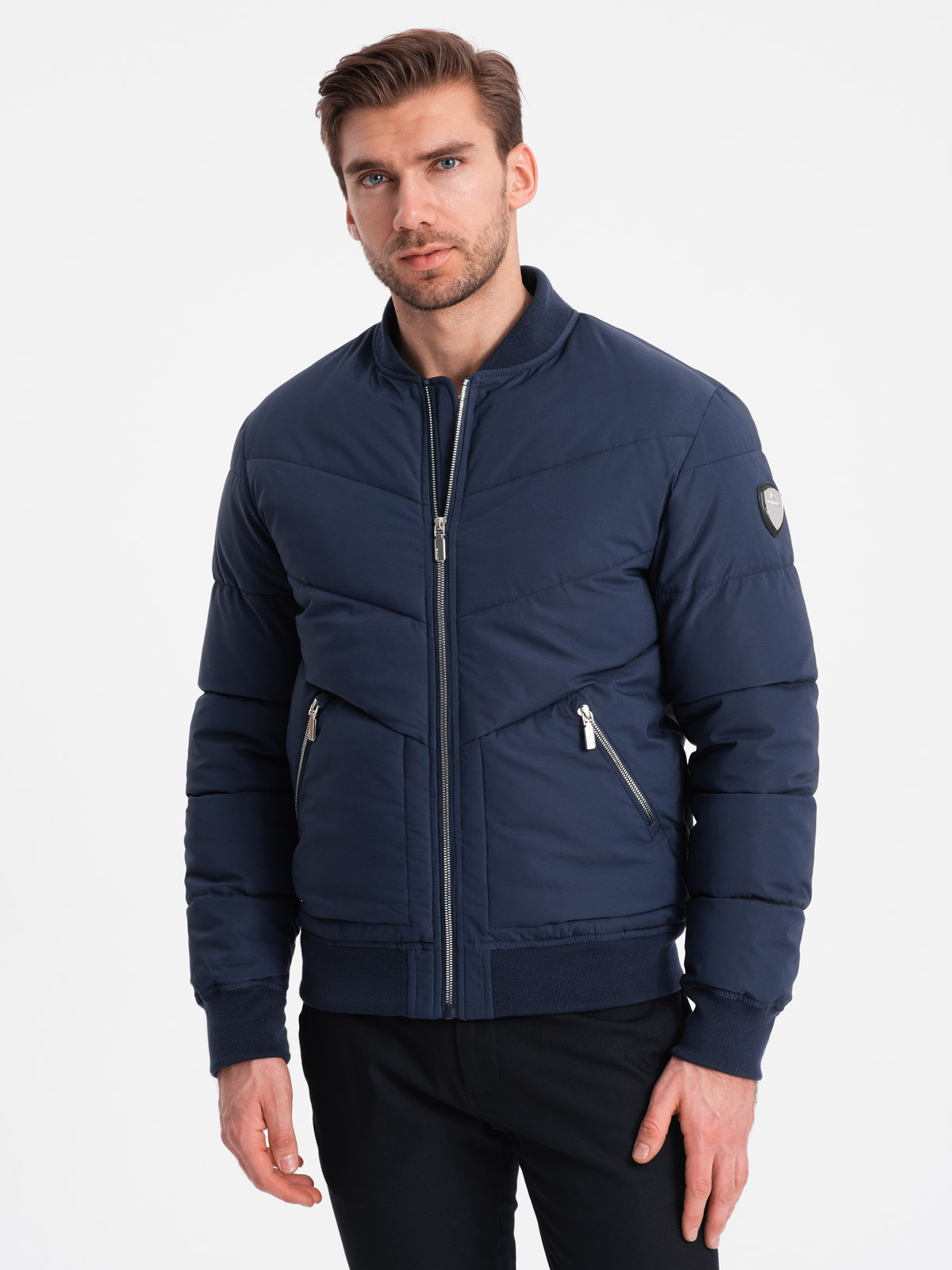 Ombre Men&#039;s quilted bomber jacket with metal zippers - navy blue