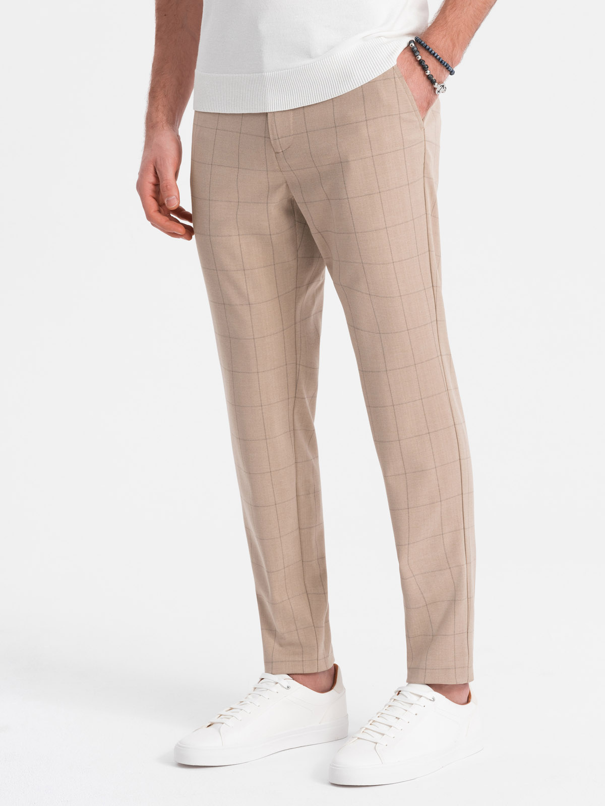 Ombre Men's classic cut pants in fine check - sand