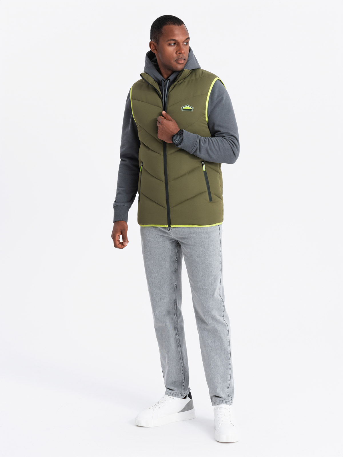 Ombre Men's quilted sleeveless jacket with neon accents - olive