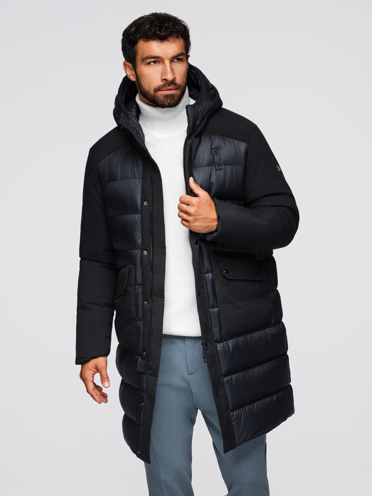 Ombre Men&#039;s long quilted jacket with large pockets - black