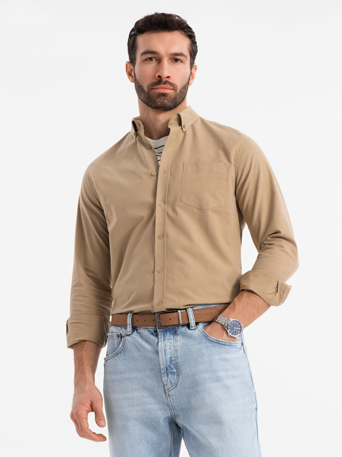 Ombre Men's REGULAR FIT cotton shirt with pocket - light brown