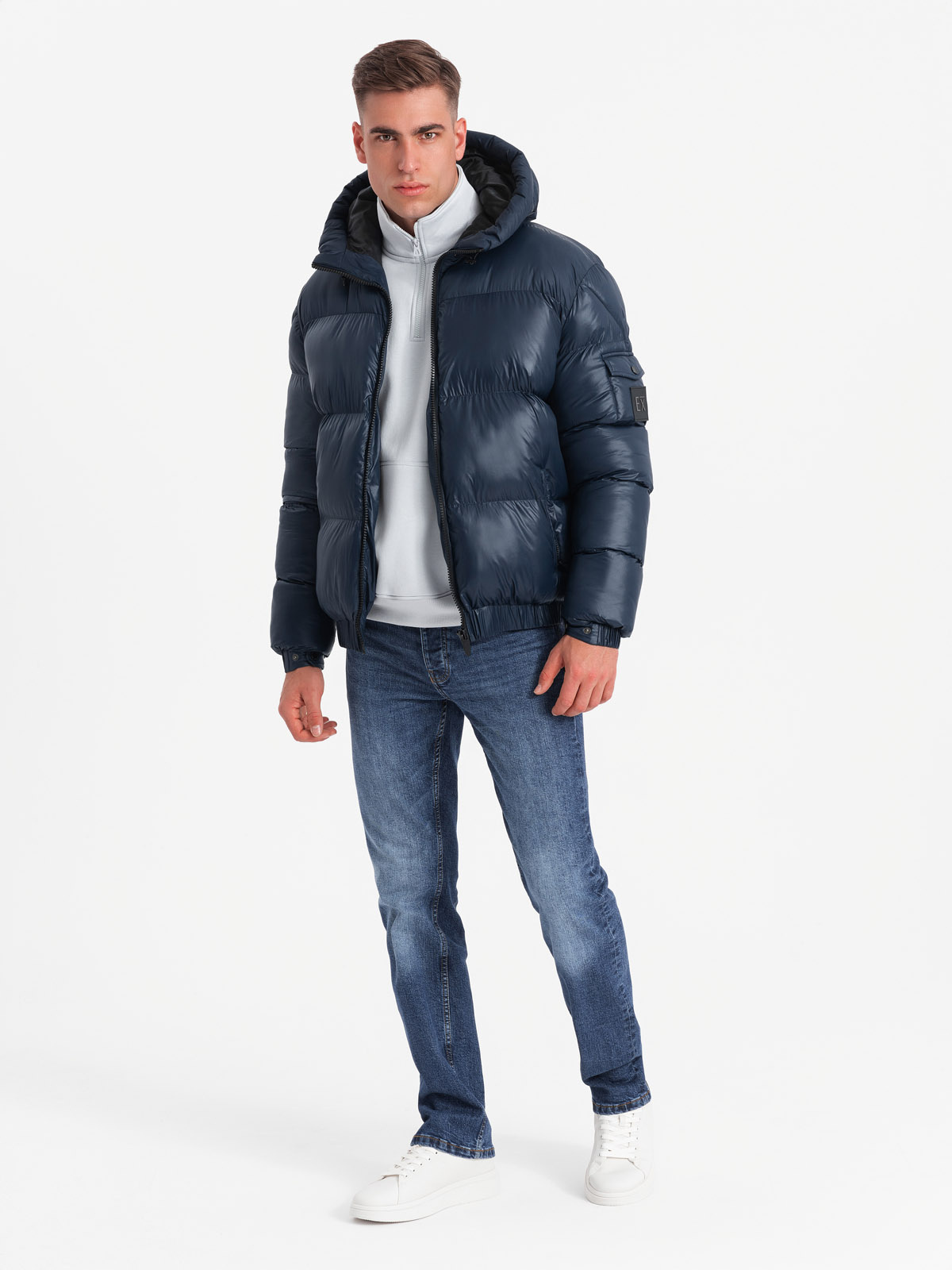Ombre Warm men&#039;s puffer jacket with welts - navy blue