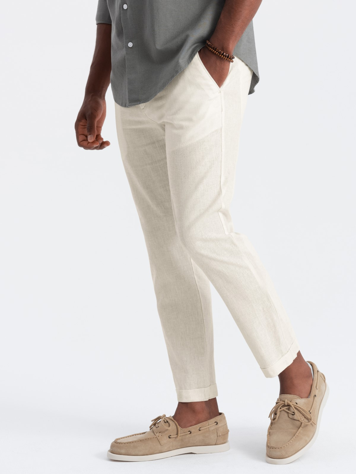 Ombre Men's Linen Blend Roll-up Chino Pants - Cream