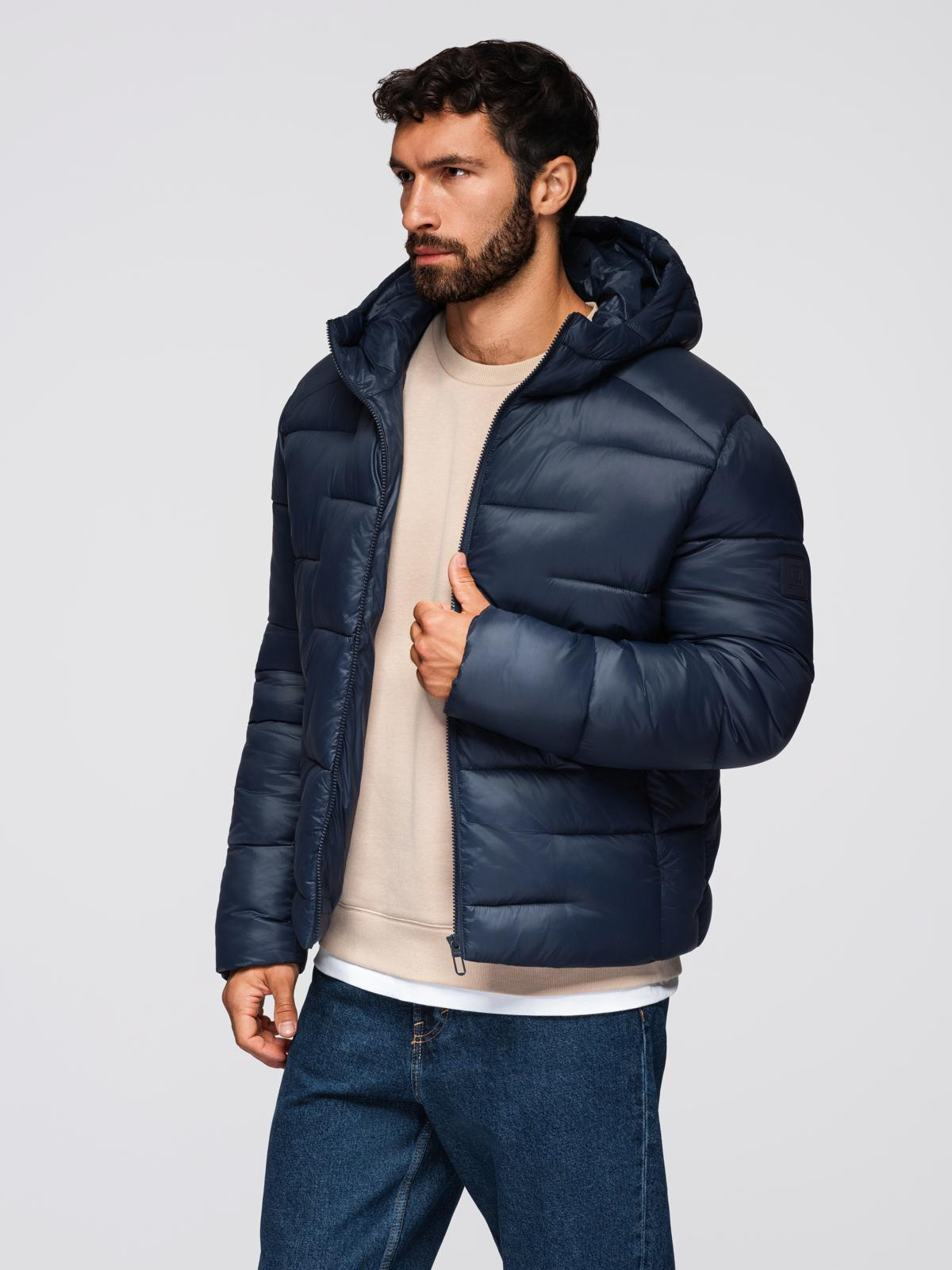 Ombre Men&#039;s quilted puffer jacket with hood - navy blue