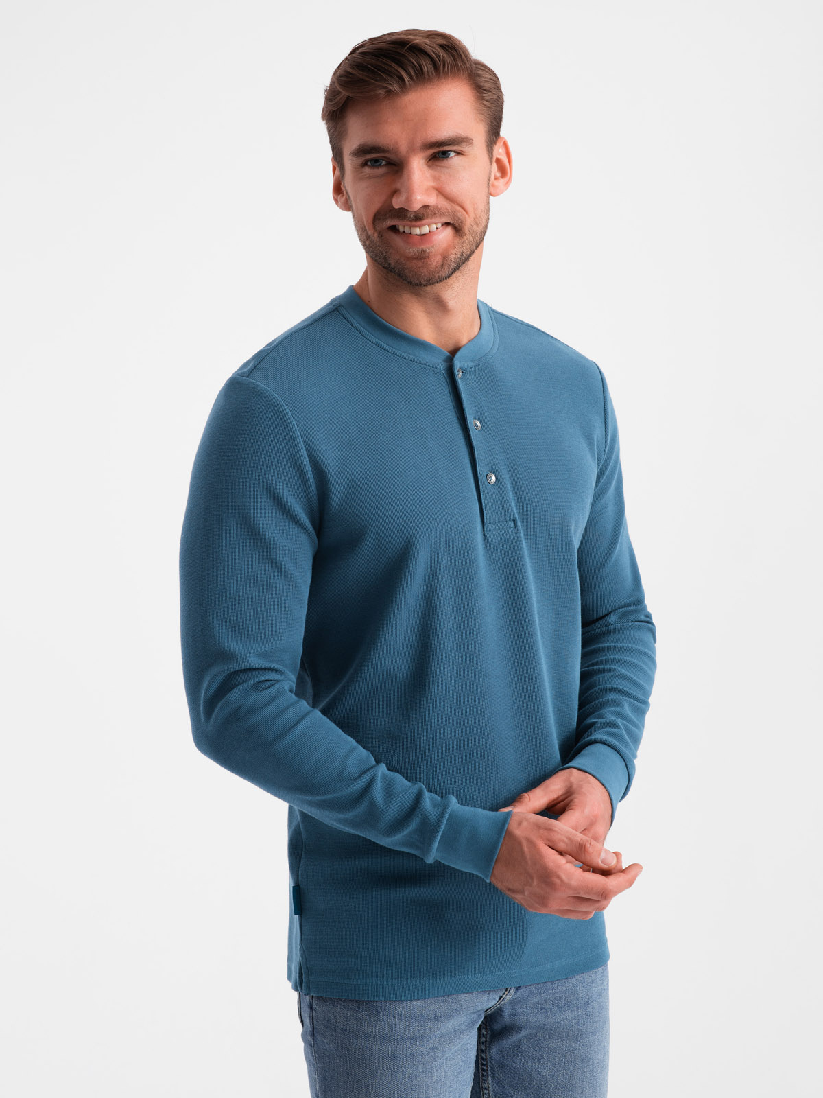 Ombre Mens waffle knit longsleeve fastened at the neck - blue denim