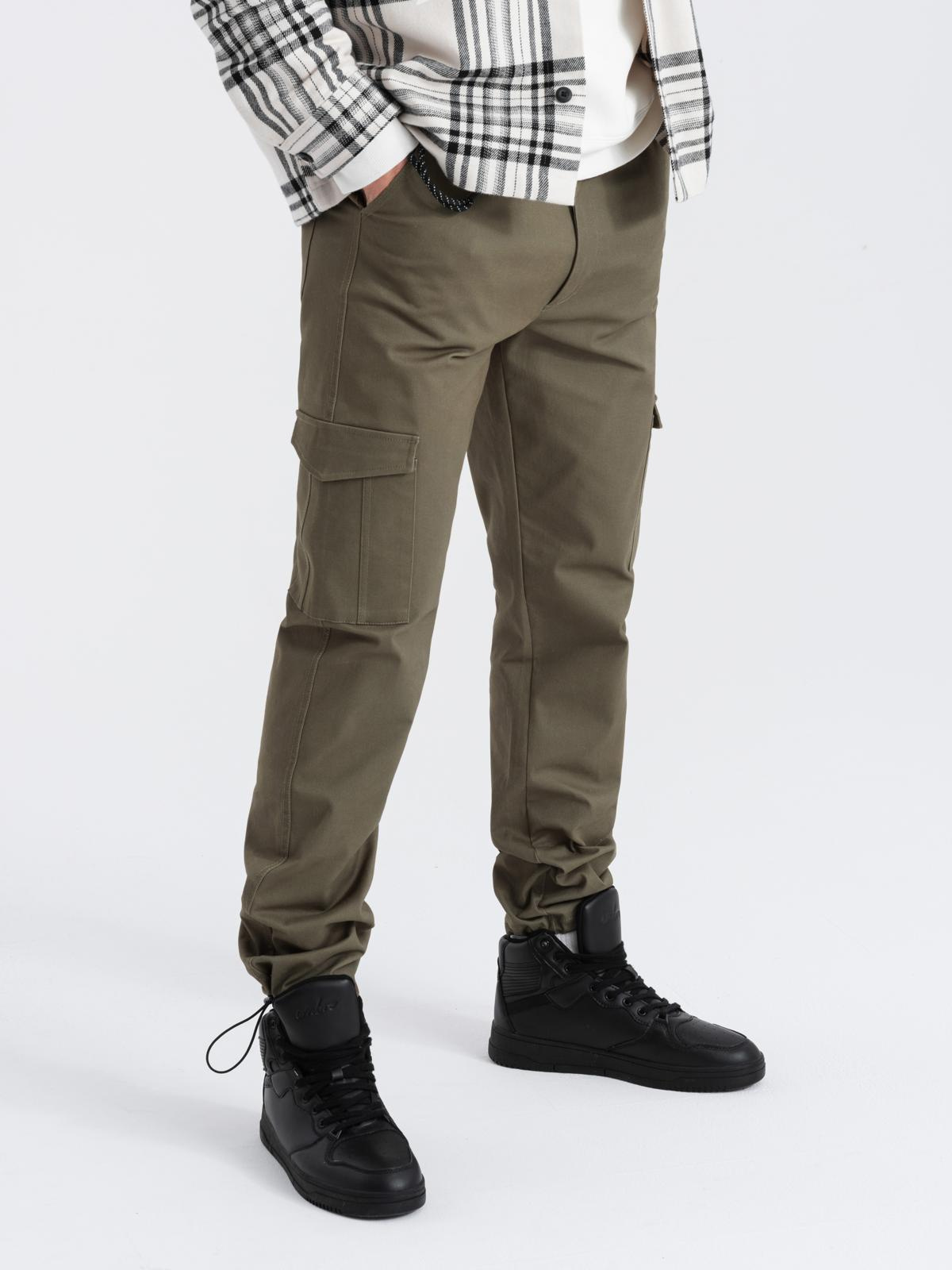 Ombre Men&#039;s pants with cargo pockets and leg hem - dark olive green