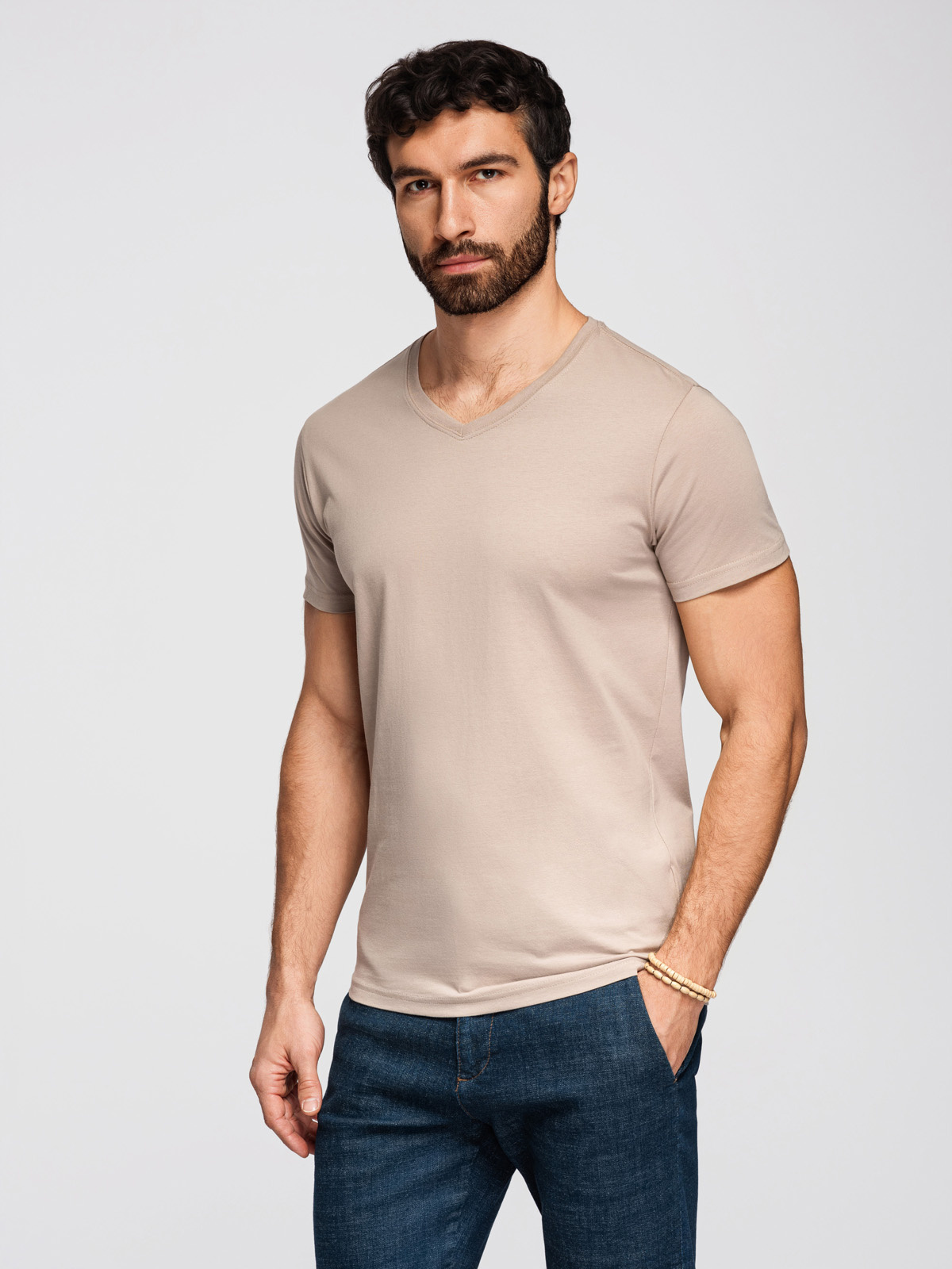 Ombre BASIC men's cotton V-neck T-shirt set - white/sand/navy