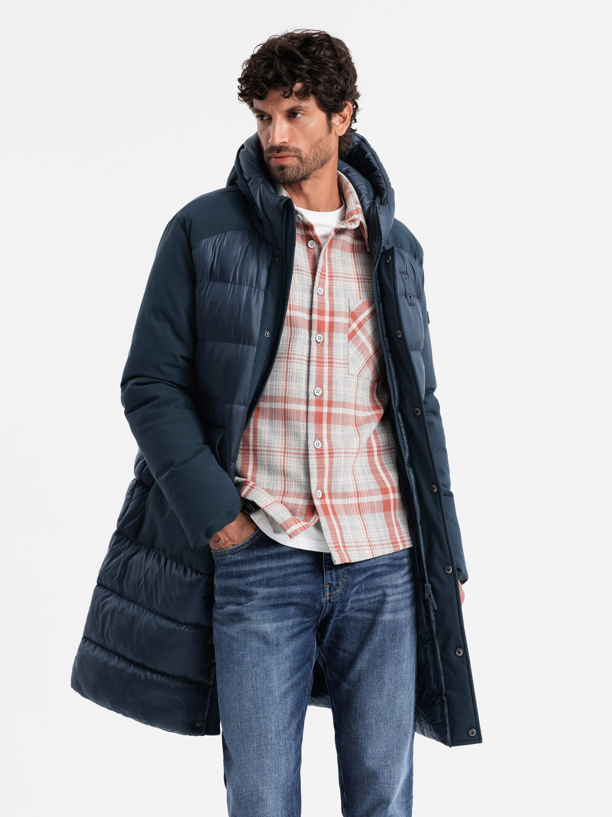 Ombre Men&#039;s quilted long jacket with large pockets - navy blue