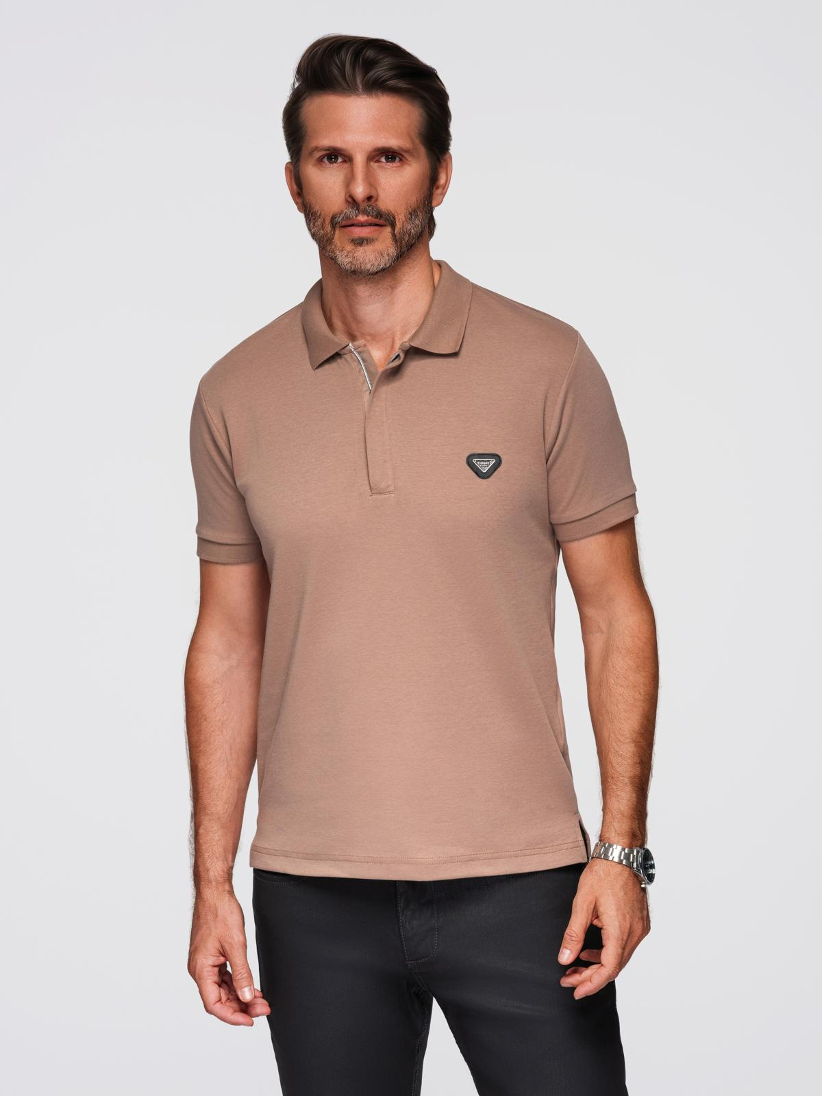 Ombre Men's polo shirt with zipper neckline - light brown