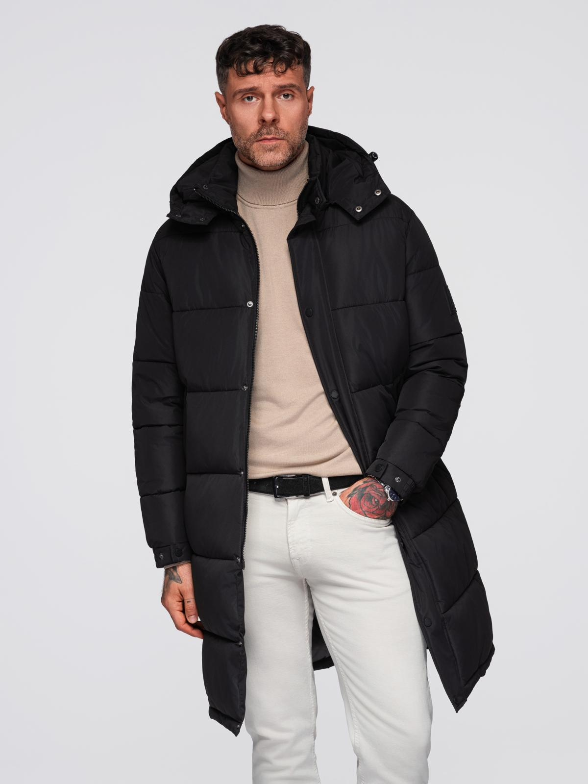 Ombre Men&#039;s long quilted winter jacket with hood - black