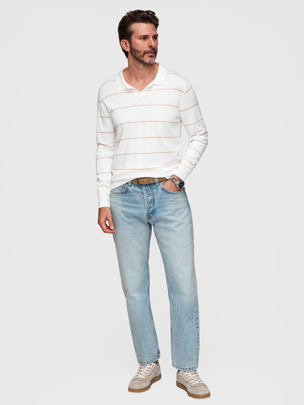Ombre Men's horizontal striped polo longsleeve with viscose - white and beige