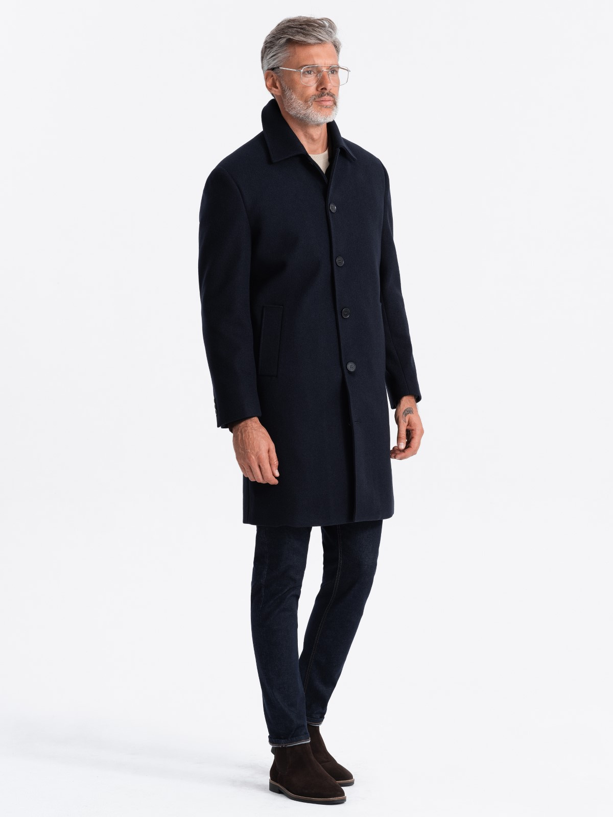 Ombre Men&#039;s long single-breasted coat with collar and undercoat - navy blue