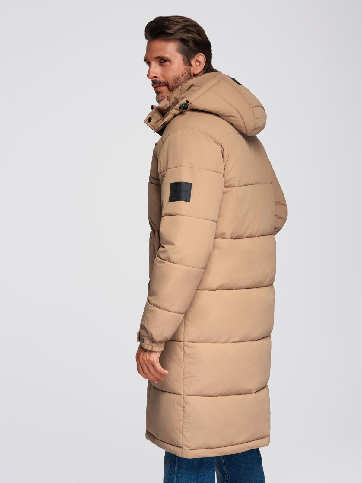 Ombre Men&#039;s quilted long jacket with detachable hood - beige