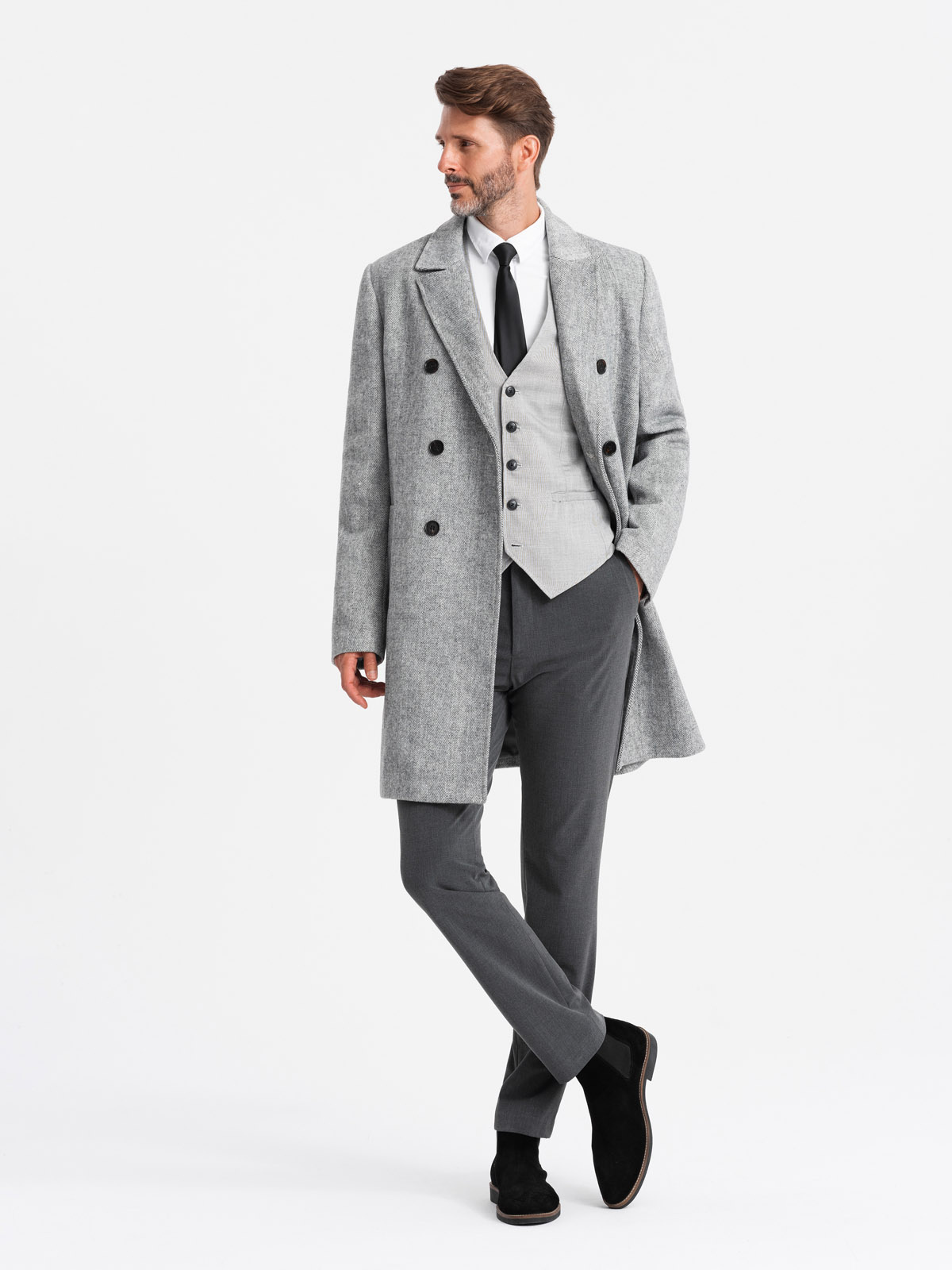 Ombre Elegant Double-breasted Men's Herringbone Coat - Grey