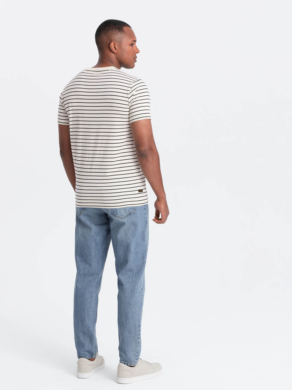 Men's striped t-shirt with patch by Ombre Design - cream and black