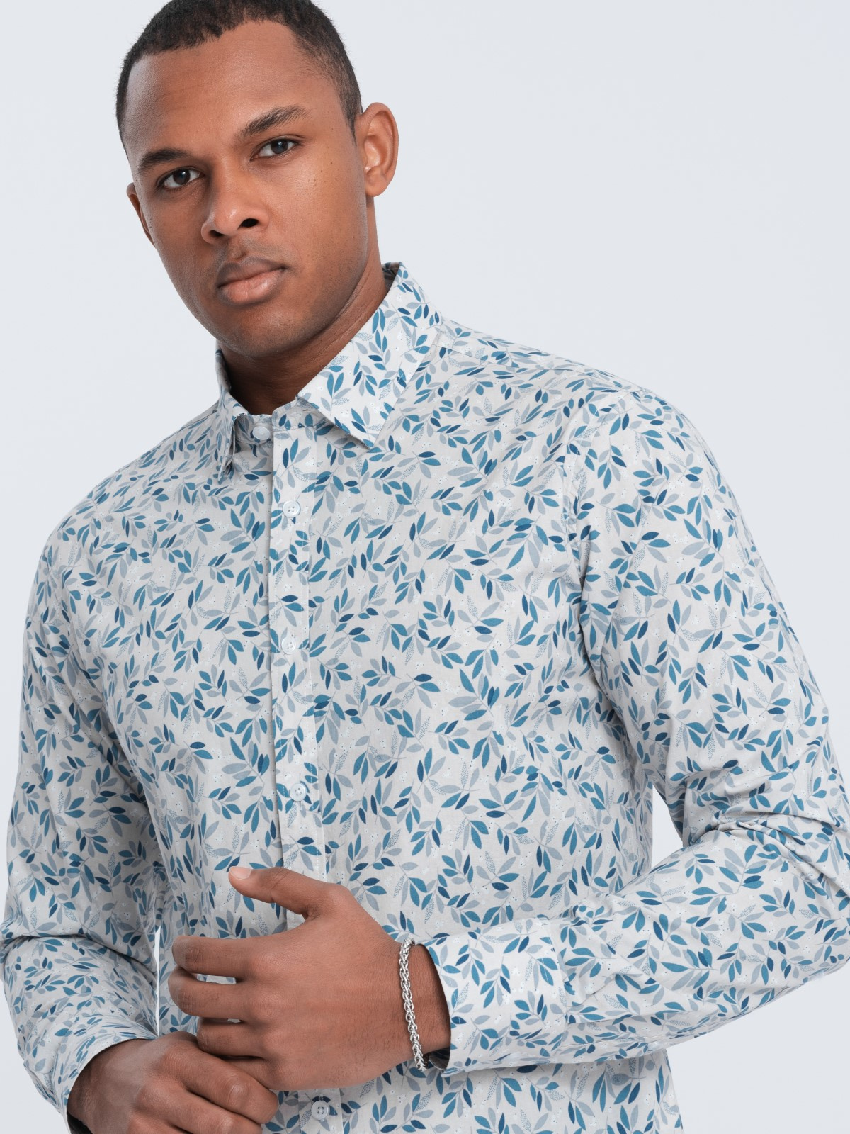 Ombre Men's SLIM FIT Shirt In Twig Print - Blue-gray