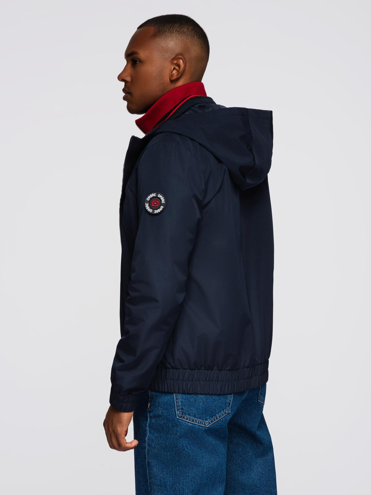 Ombre Men&#039;s jacket with hood and high collar - navy blue