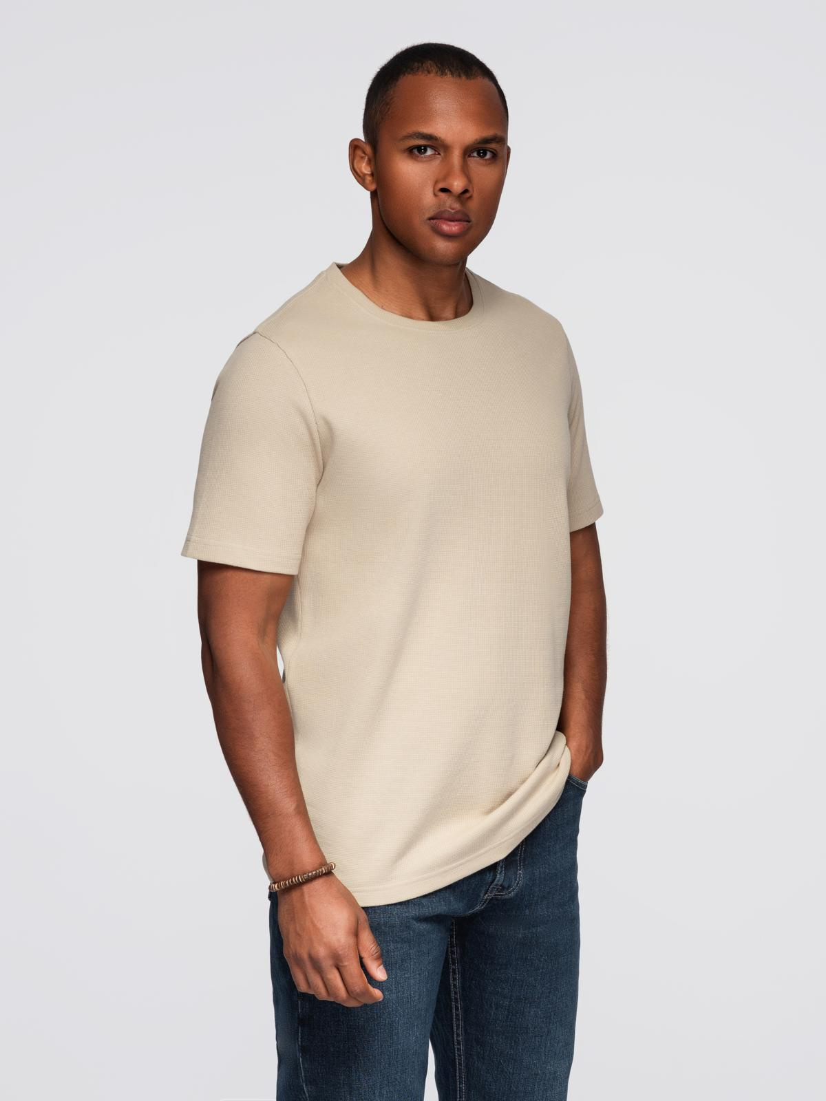 Ombre Men's waffle-textured T-shirt with round neckline - sand