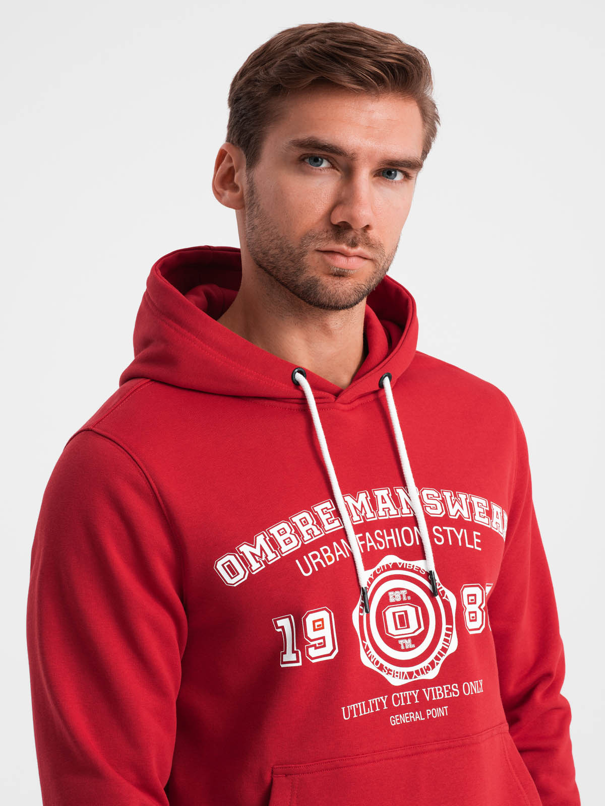 Ombre Men&#039;s college style printed kangaroo hoodie - red