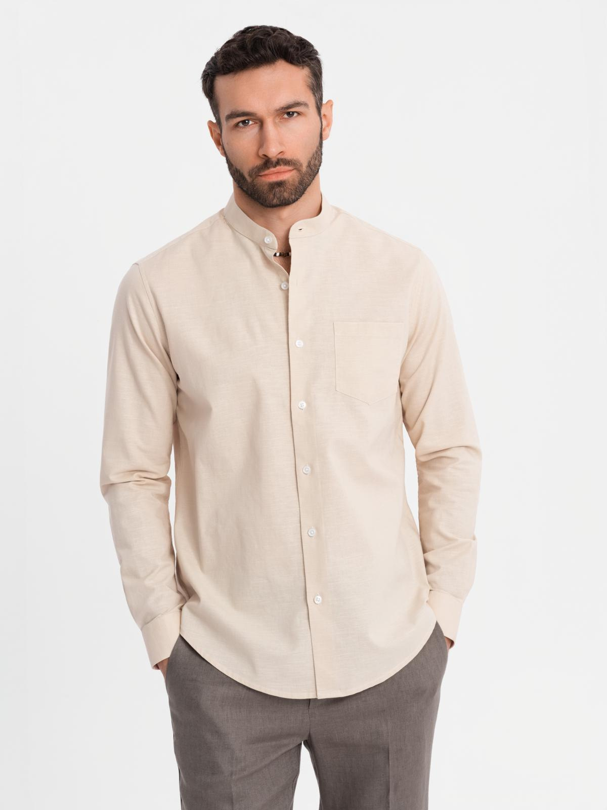 Ombre Men's linen shirt with collar and pocket REGULAR FIT - cream