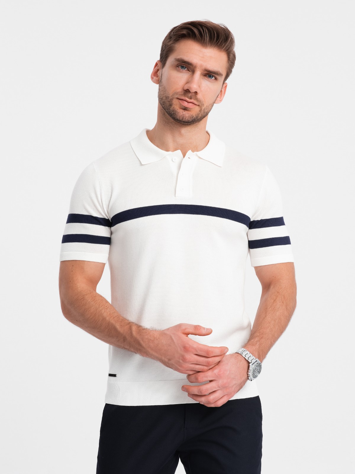 Levně Ombre Men's soft knit polo shirt with contrasting stripes - white