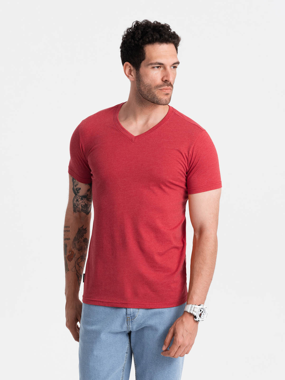 Ombre BASIC men's classic cotton tee-shirt with a crew neckline - red melange