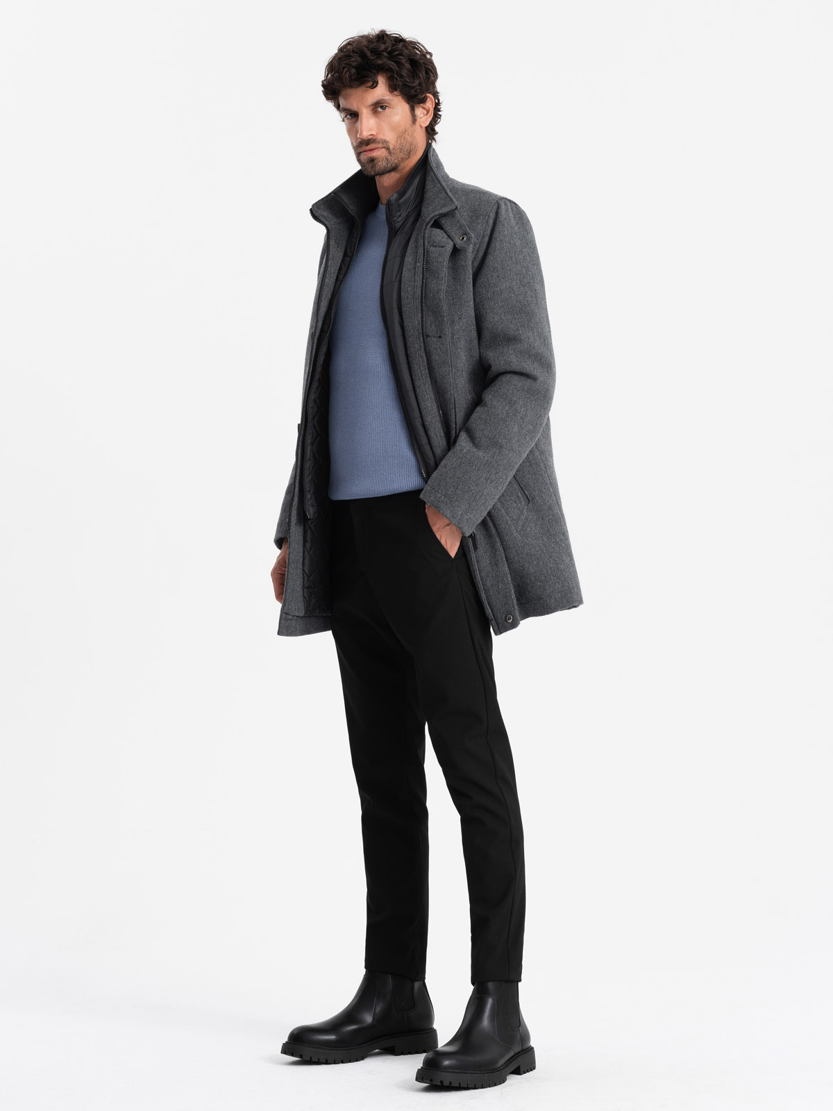 Ombre Men&#039;s winter coat with wool and quilted lining - graphite melange