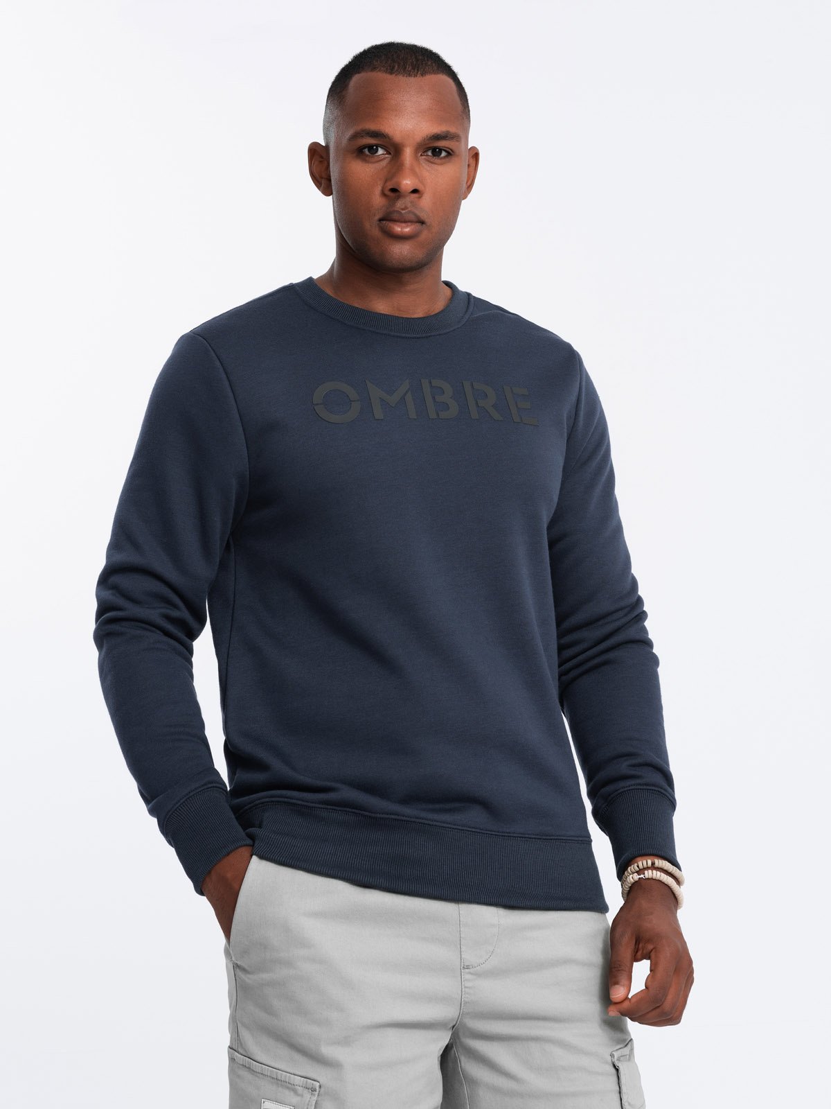 Ombre Classic Men's Sweatshirt With Inscription - Navy Blue