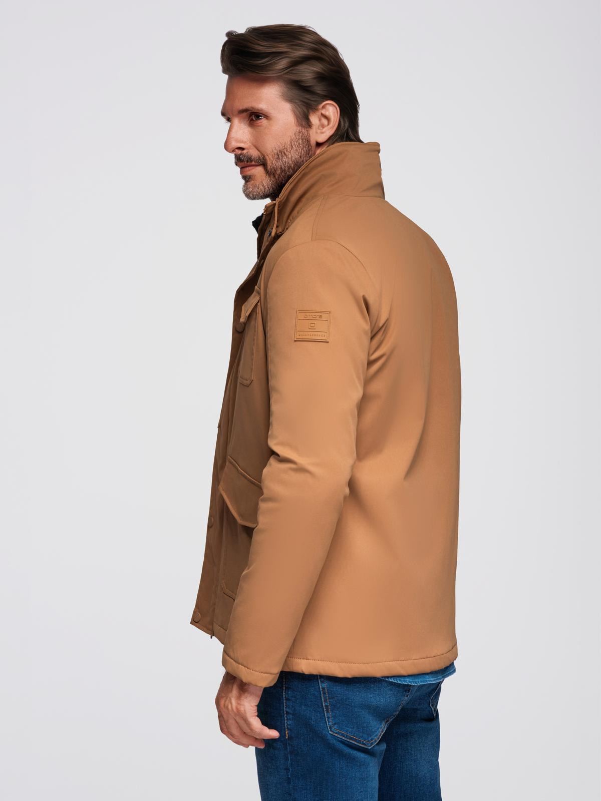 Ombre Men&#039;s lightweight jacket with pockets and high collar - brown