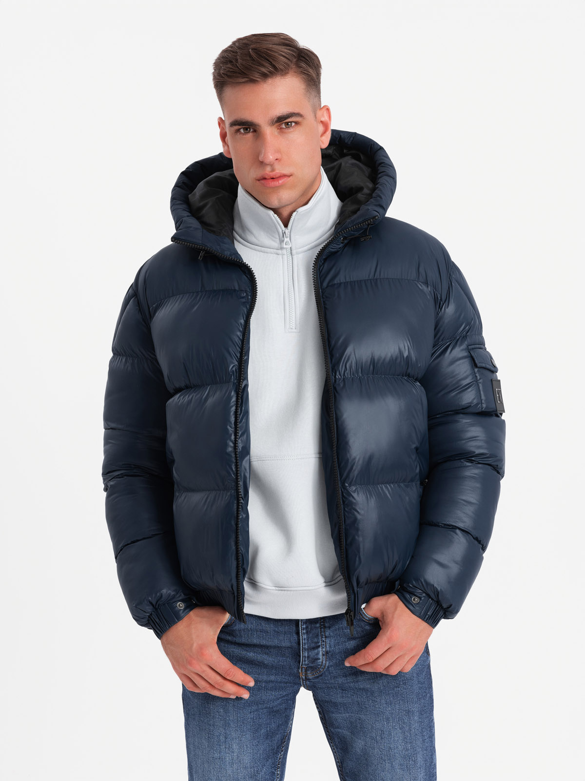 Ombre Warm men&#039;s puffer jacket with welts - navy blue