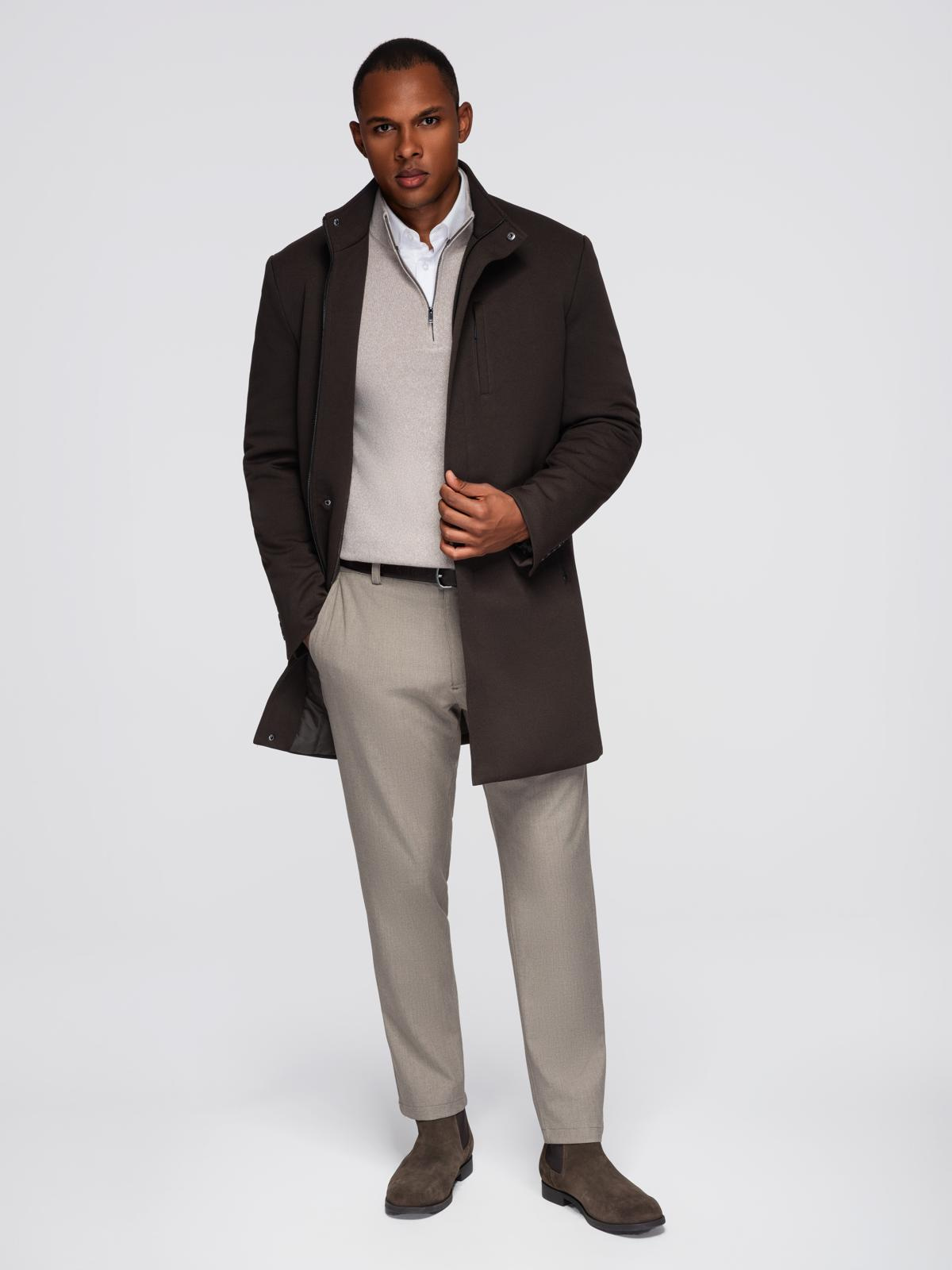 Ombre Structured fitted coat for men with high collar - dark brown