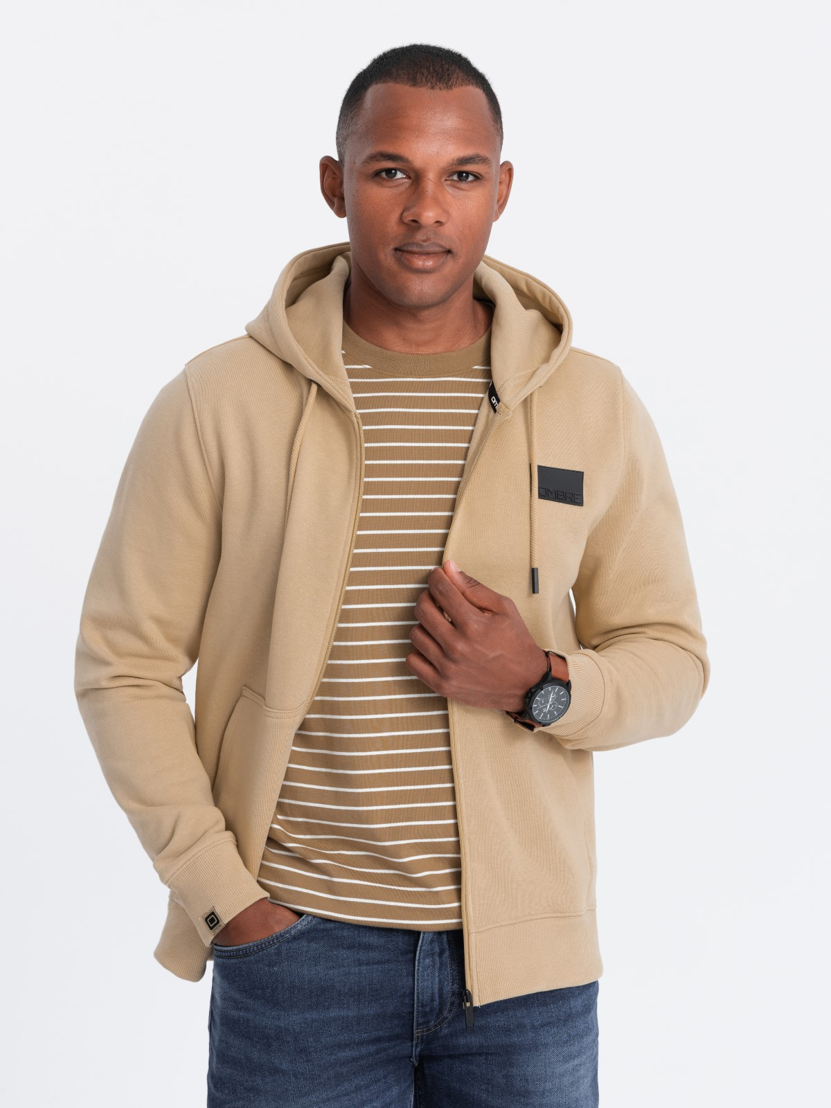 Ombre Men's Unbuttoned Sweatshirt With Hood And Patch - Sand