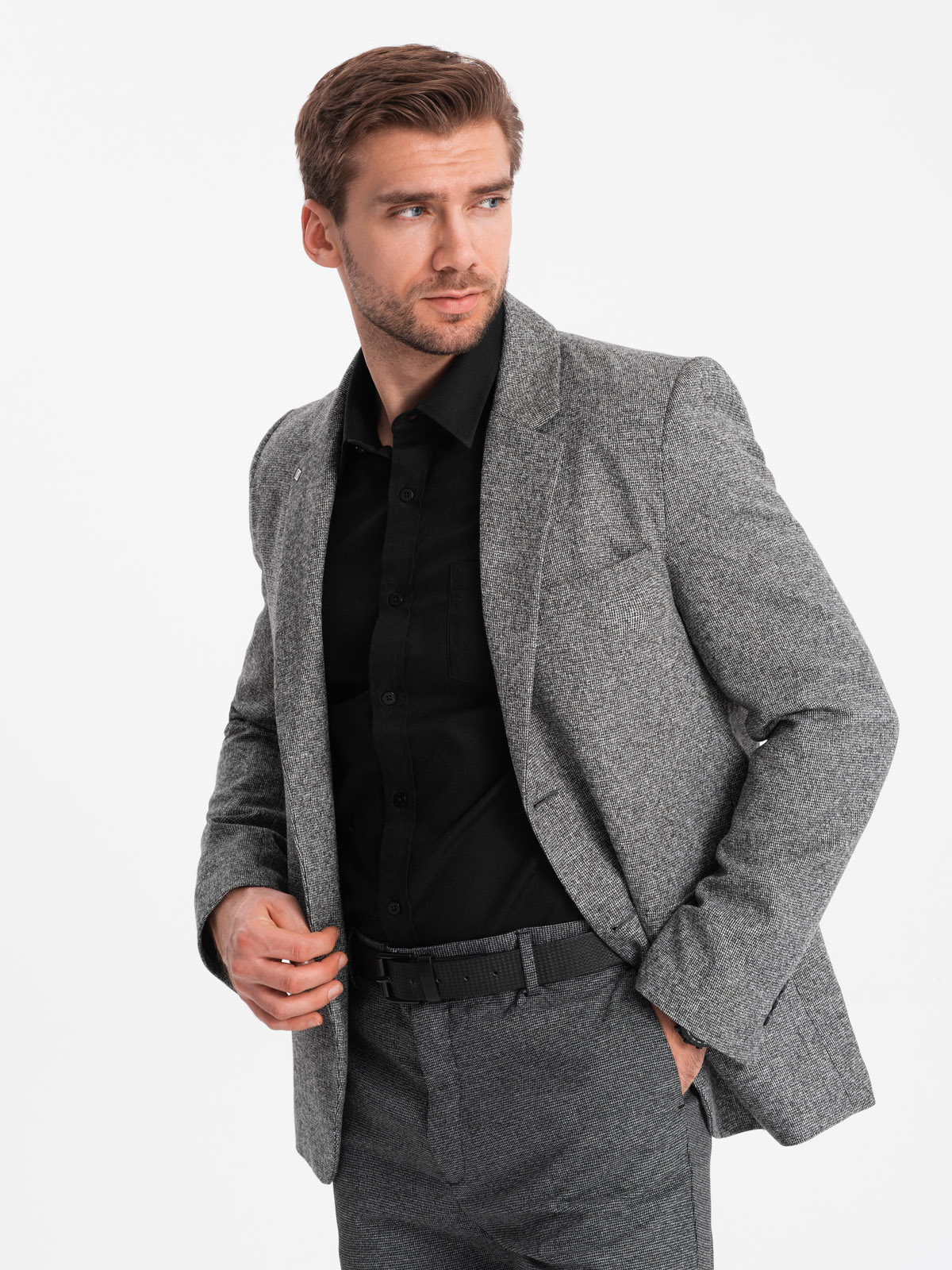 Ombre Men's casual jacket with decorative pin on lapel - grey melange